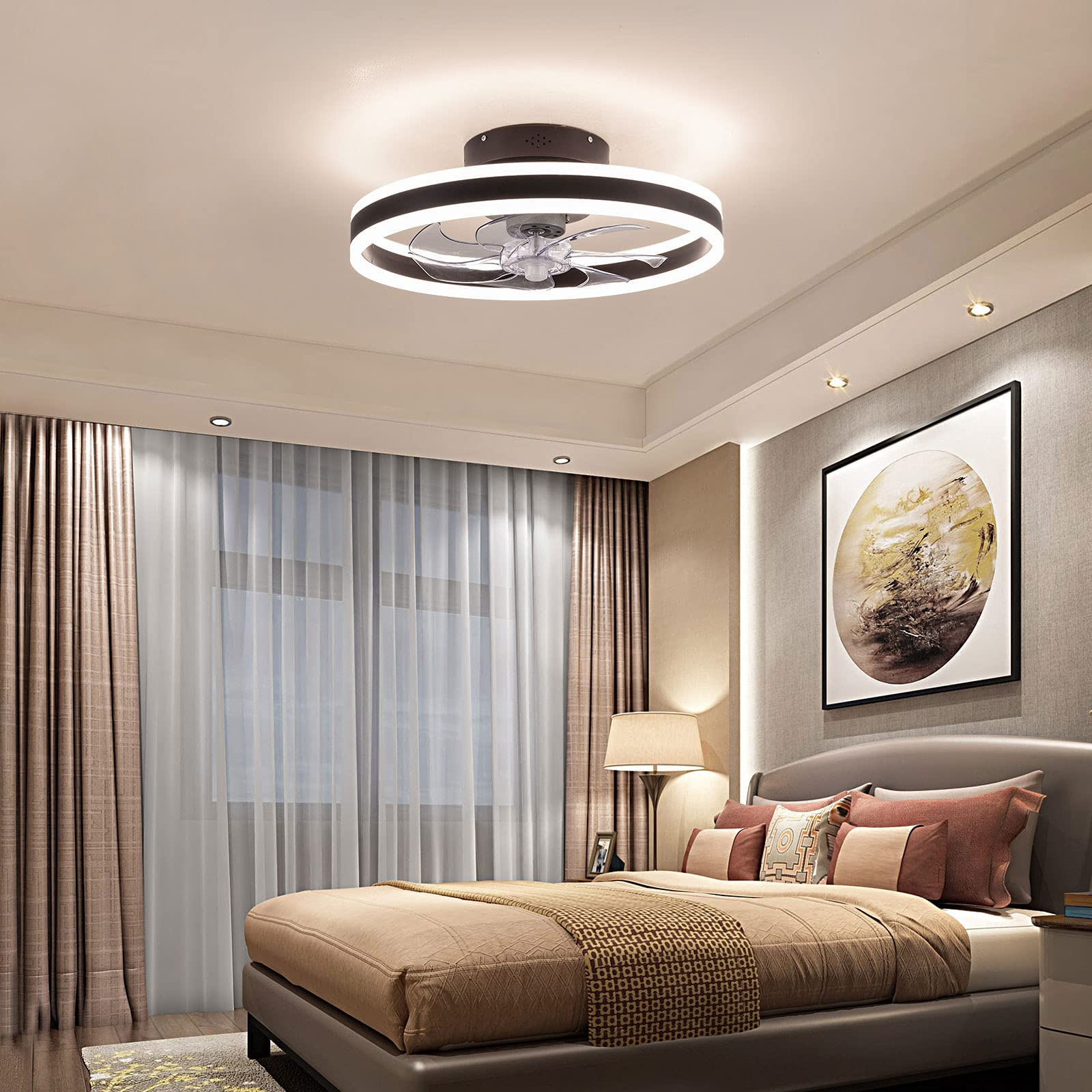 20 Inch Modern Ceiling Fan with LED Light Kit and Remote Control, Dimmable Smart Fan for Bedroom & Living Room - Low Profile Semi-Flush Mount Design with Visible Blades, Perfect for Small Spaces and Home Cooling