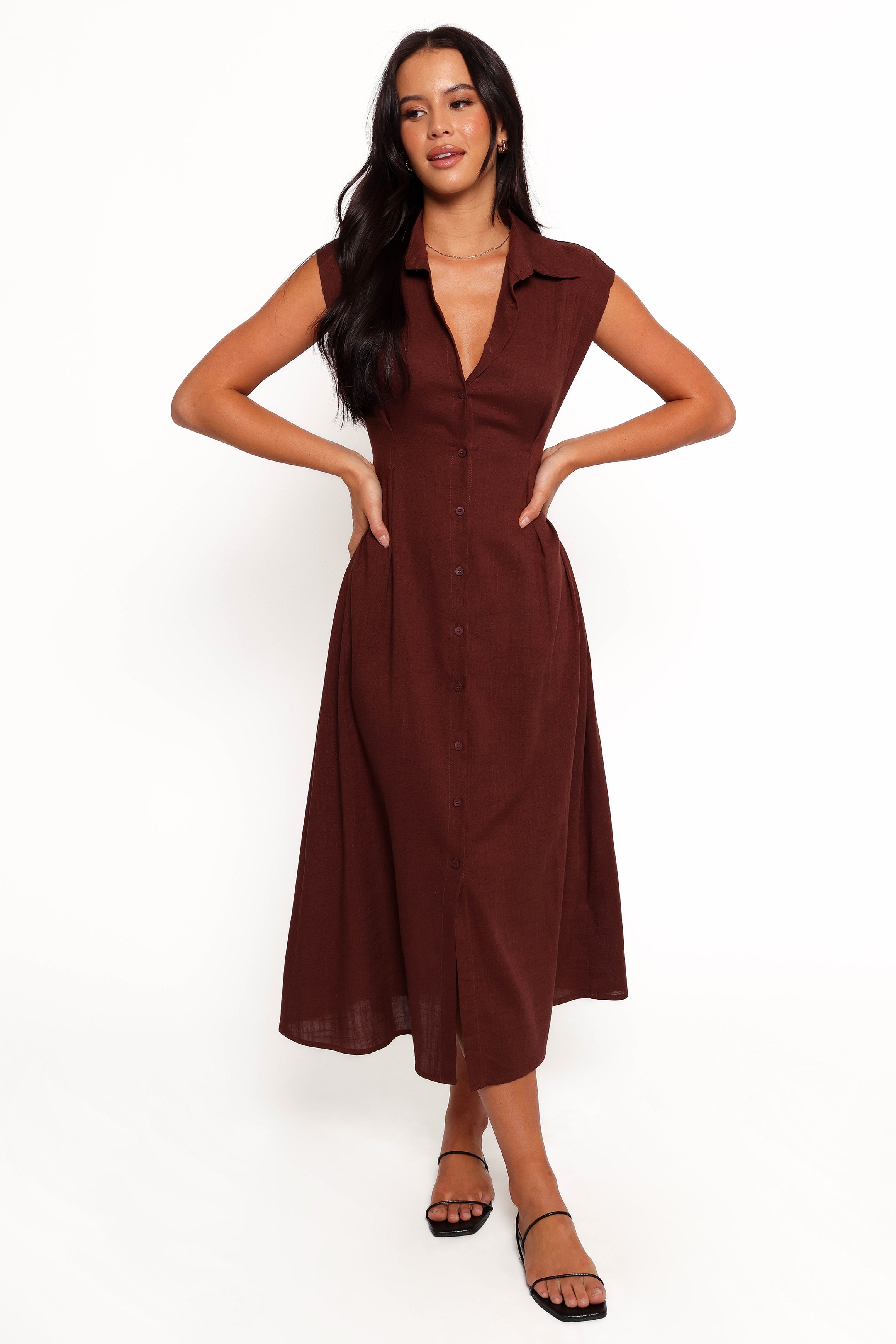 Chocolate Brown Cami Midi Dress for Women - Elegant Sleeveless Summer Dress for Casual Outings, Date Nights & Beach Vacations