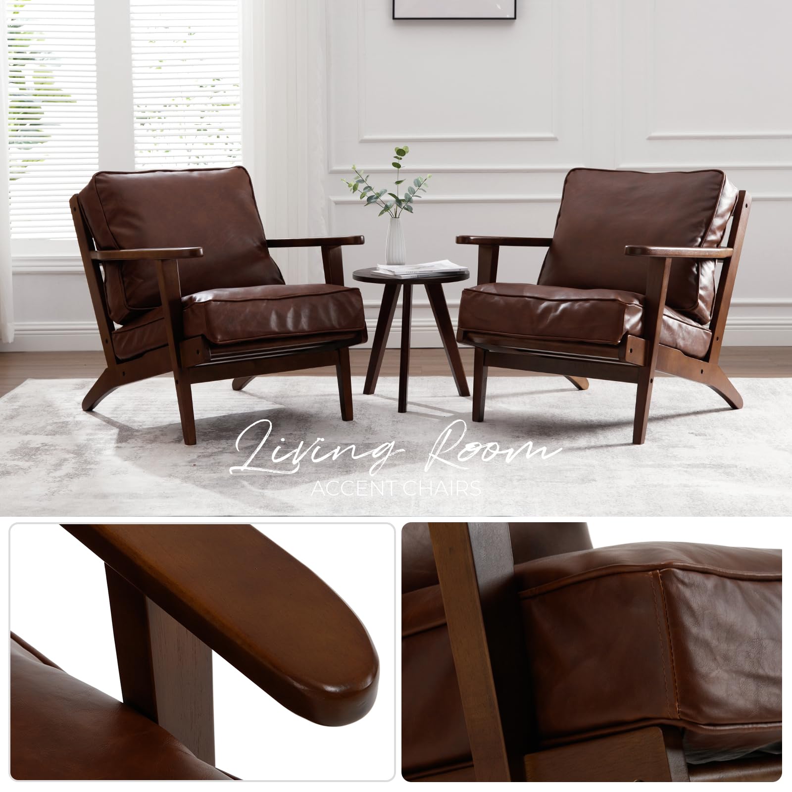Mid Century Modern Accent Chairs Set of 2 - PU Leather Upholstered Armchairs with Solid Wood Frame for Living Room, Bedroom & Reading Nook - Elegant Brown Lounge Chairs for Home Decor & Relaxation