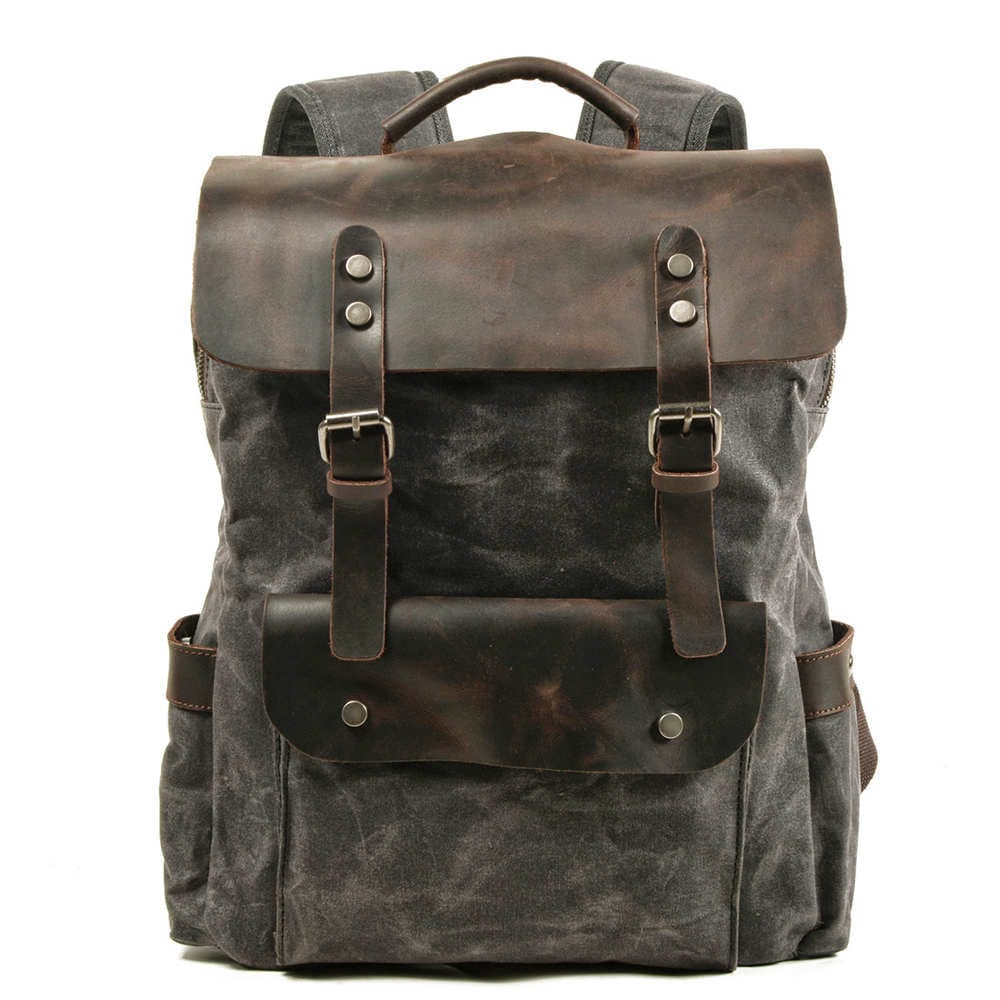Durable Waxed Canvas & Genuine Leather Backpack - Green, Brown, Grey | Waterproof & Stylish for Outdoor Adventures, Travel & Daily Commute