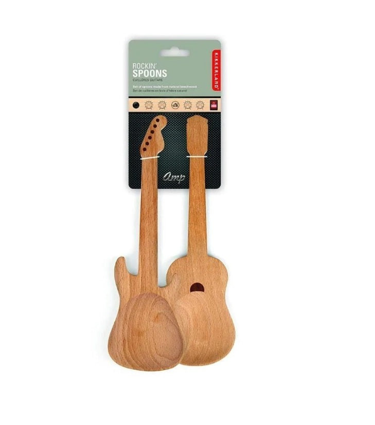 Beech Wood Rocking Guitar Salad Servers Set - Handcrafted Wooden Salad Tongs & Forks for BBQ, Picnic, Party Serving - Unique Kitchen Gift for Music Lovers
