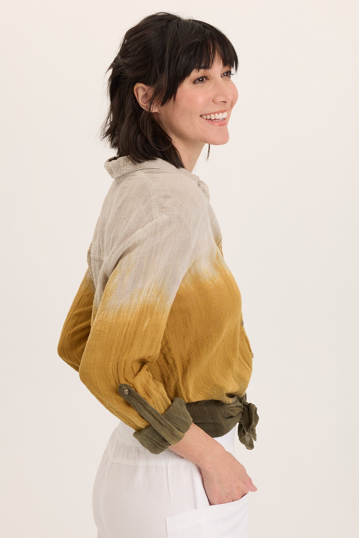 Stylish Porter Gauze Curved Hem Button Up Blouse for Women | Casual & Office Wear | Perfect for Spring & Summer Outfits