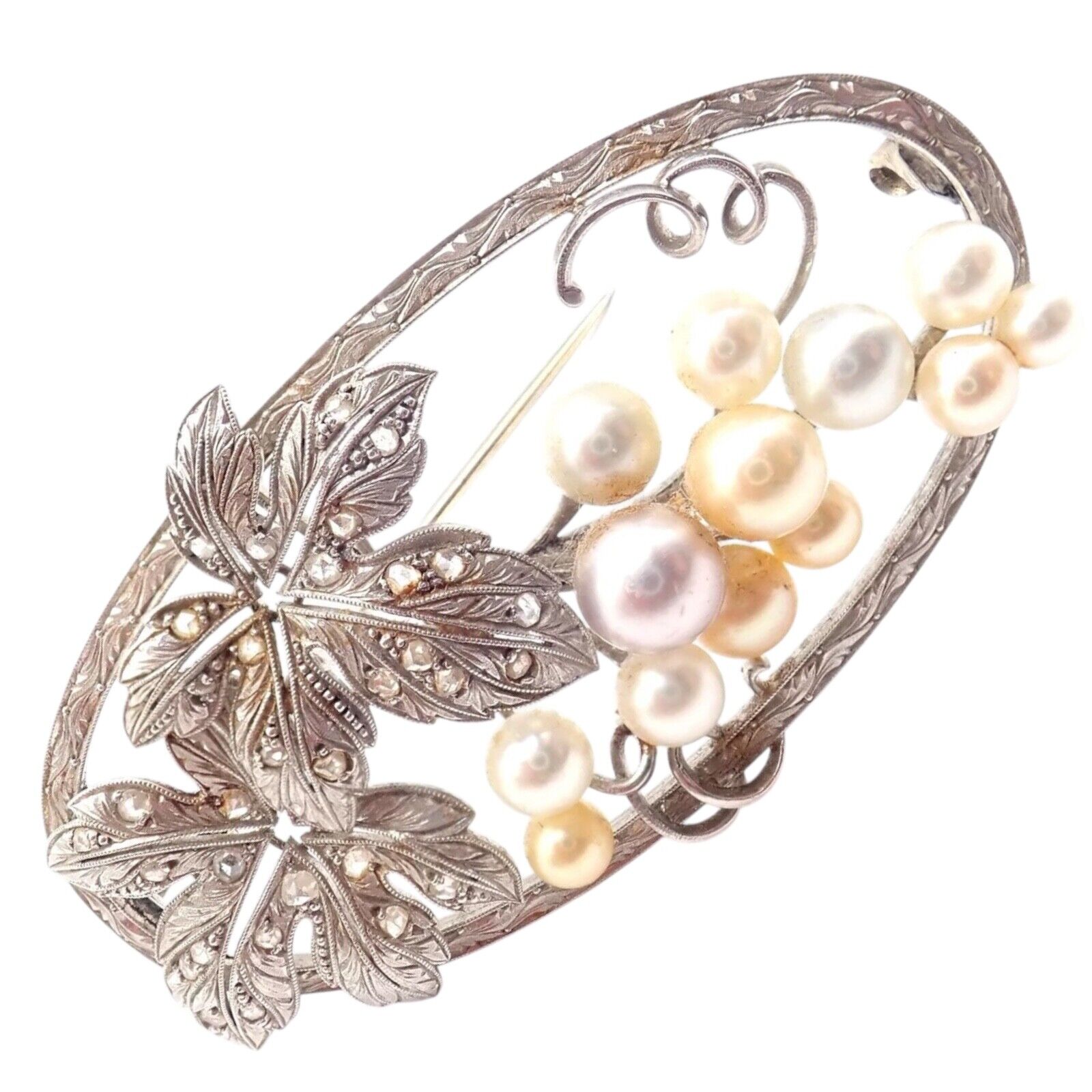Authentic Mikimoto 14k White Gold Diamond Pearl Brooch Pin - Vintage Jewelry for Women, Elegant Gift for Brides, Anniversaries & Special Occasions