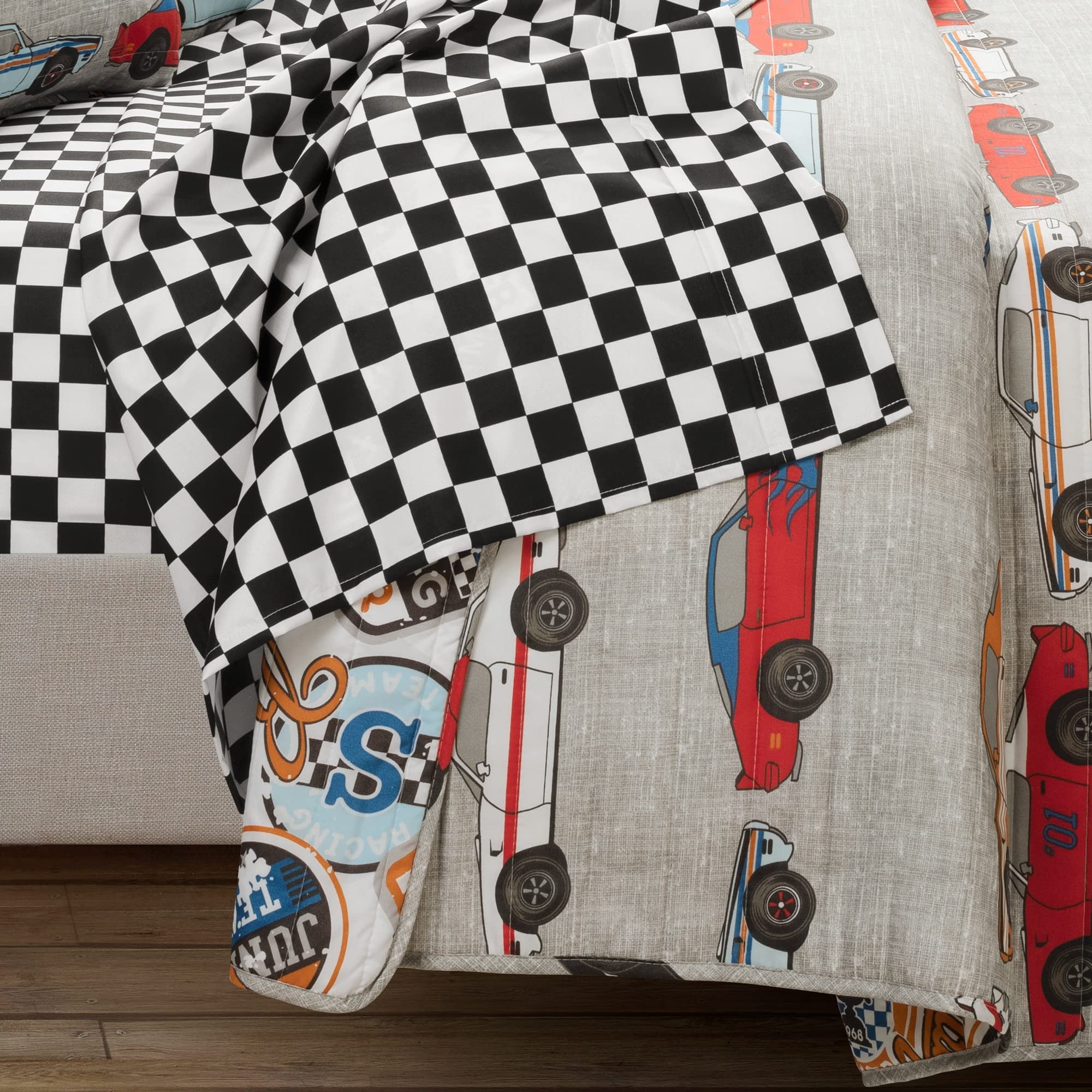 Lush Decor Race Car Kids' 7-Piece Oversized Reversible Quilt Bedding Set for Boys - Blue & Orange Full/Queen Size - Perfect for Boys' Bedroom Decor & Race Car Themed Rooms