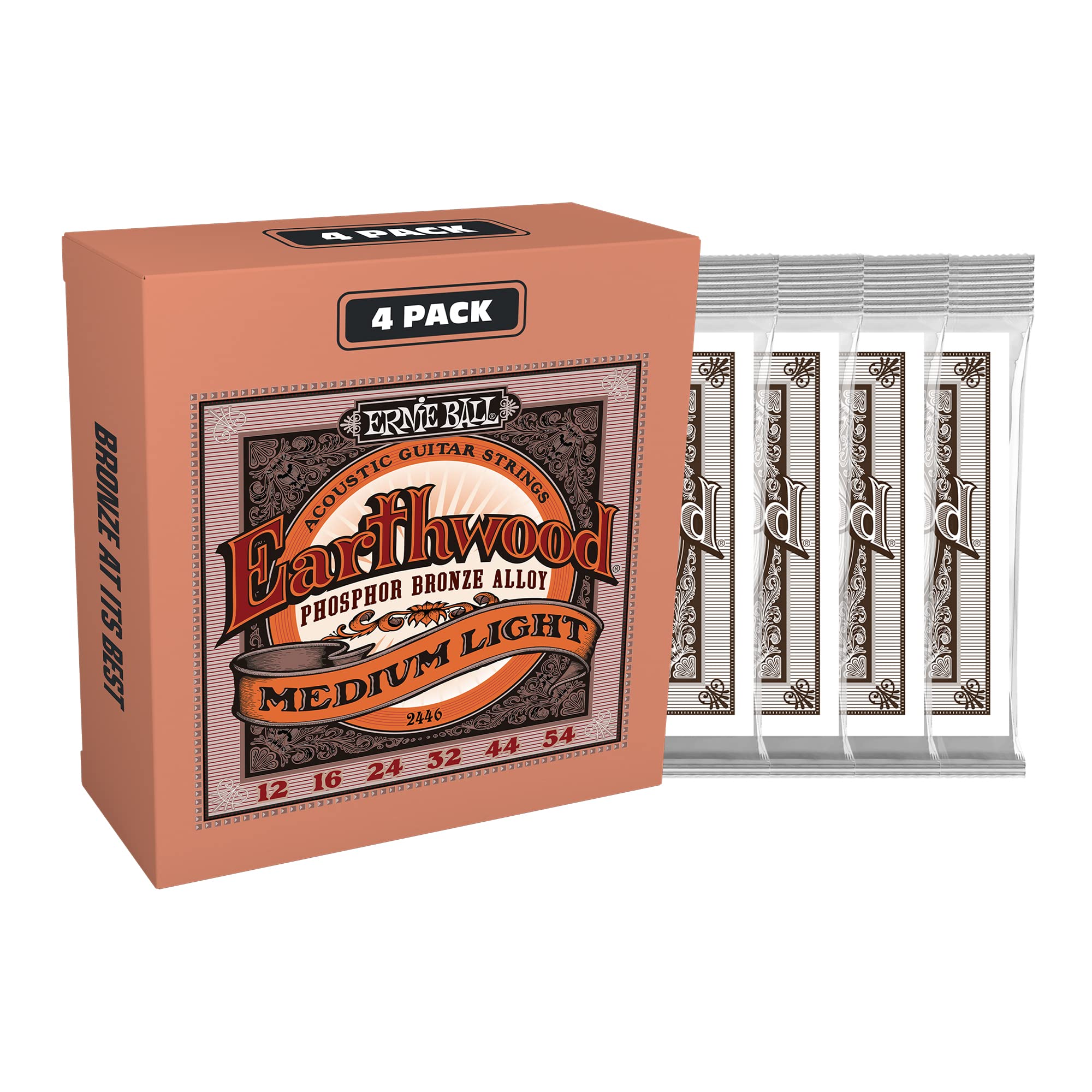 Ernie Ball Earthwood Medium Light Phosphor Bronze Acoustic Guitar Strings 4 Pack - 12-54 Gauge (P02446) | Premium Sound for Folk, Country & Fingerstyle Playing