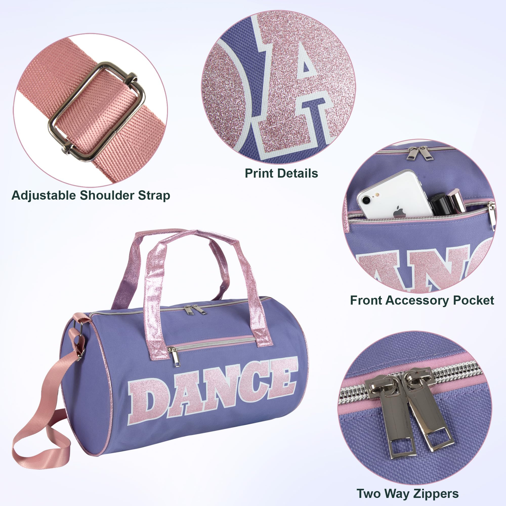 Dance Duffle Bag for Girls & Boys - Waterproof Gym Bag with Shoe Compartment | Perfect for Dance Class, Sports Practice & Travel | Purple & Pink Workout Duffel for Teens & Student Athletes