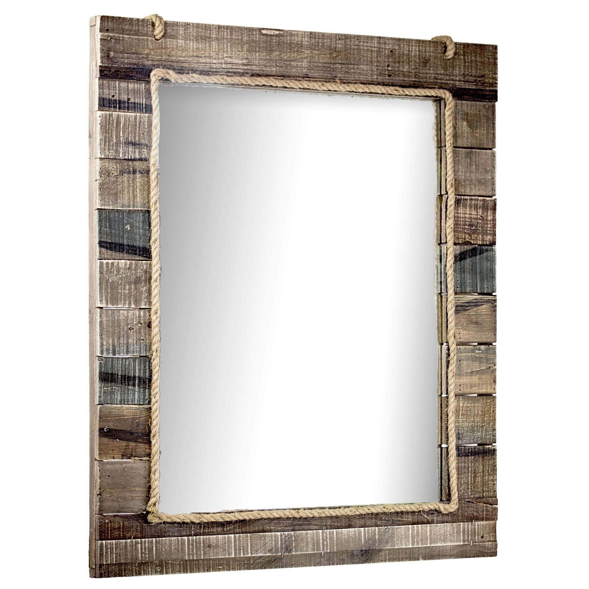 Rustic Wood Paneled Wall Vanity Mirror with Hanging Rope - American Farmhouse Decor for Bathroom, Bedroom & Entryway - Overstock Multi-Size Wall Art Mirror