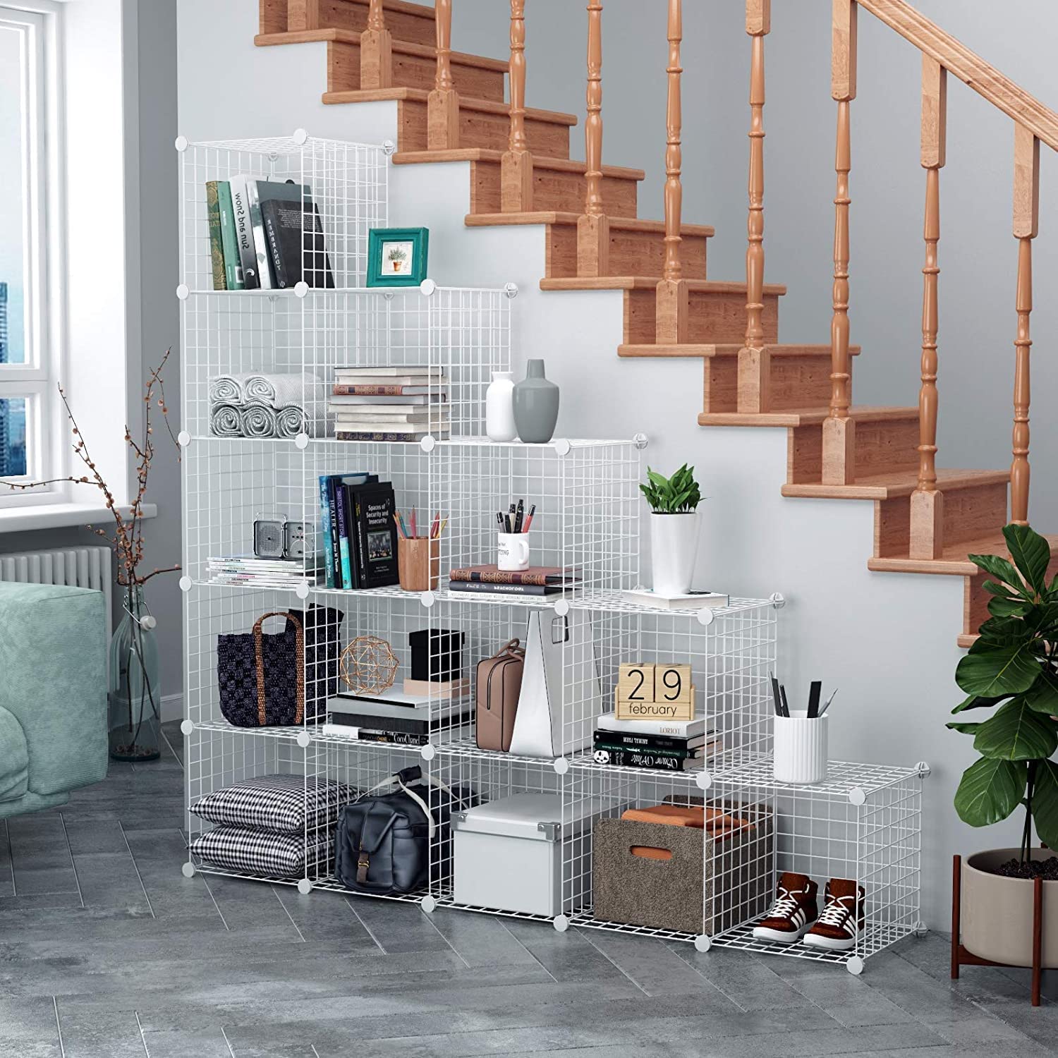 HUBSON 16-Cube Wire Storage Organizer - Freely Adjustable Metal Grid Shelf for Books, Toys, Crafts, Plants & Pet Supplies | Space-Saving Closet & Home Organization Solution (White Iron) - Perfect for Bedroom, Living Room, Office & Garage Storage Needs