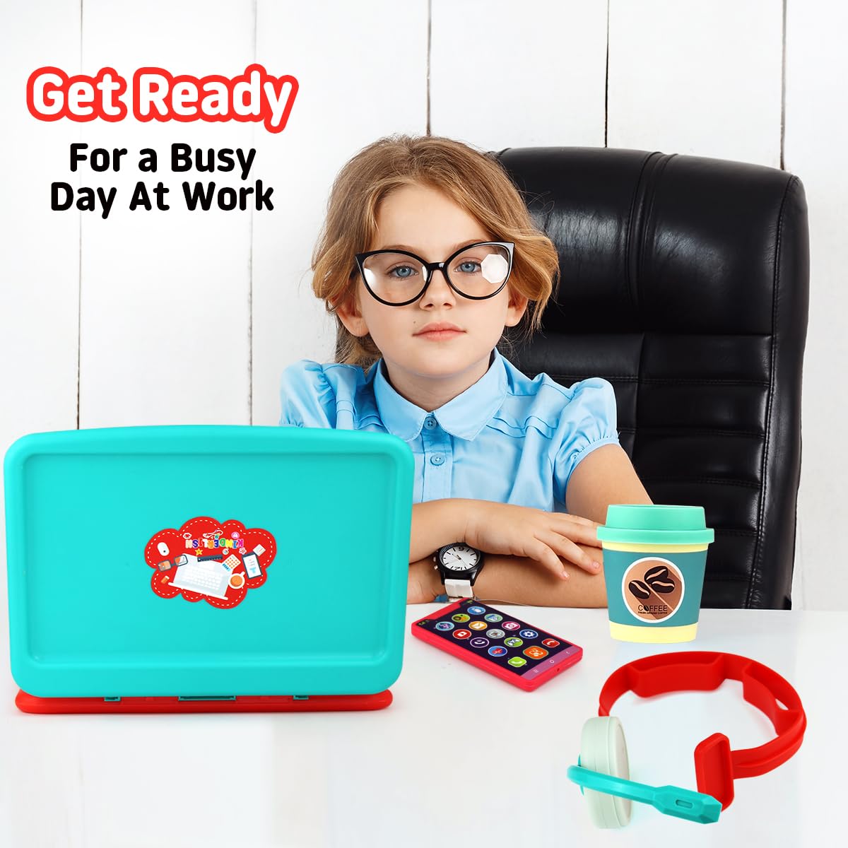 Kids Pretend Play Workstation Set - Toy Office Play Set with Fake Laptop, Toy Phone, Coffee Cup & Headset for Toddlers Ages 3+ | Perfect for Imaginative Play, Role Playing & Early Learning Development