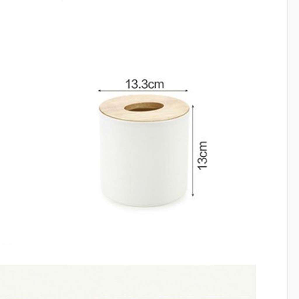 Waterproof Oak Round Tissue Box Cover with Plastic Liner - Stylish Paper Towel Holder for Living Room, Kitchen & Office - 13.3x13cm White Home Decor Organizer