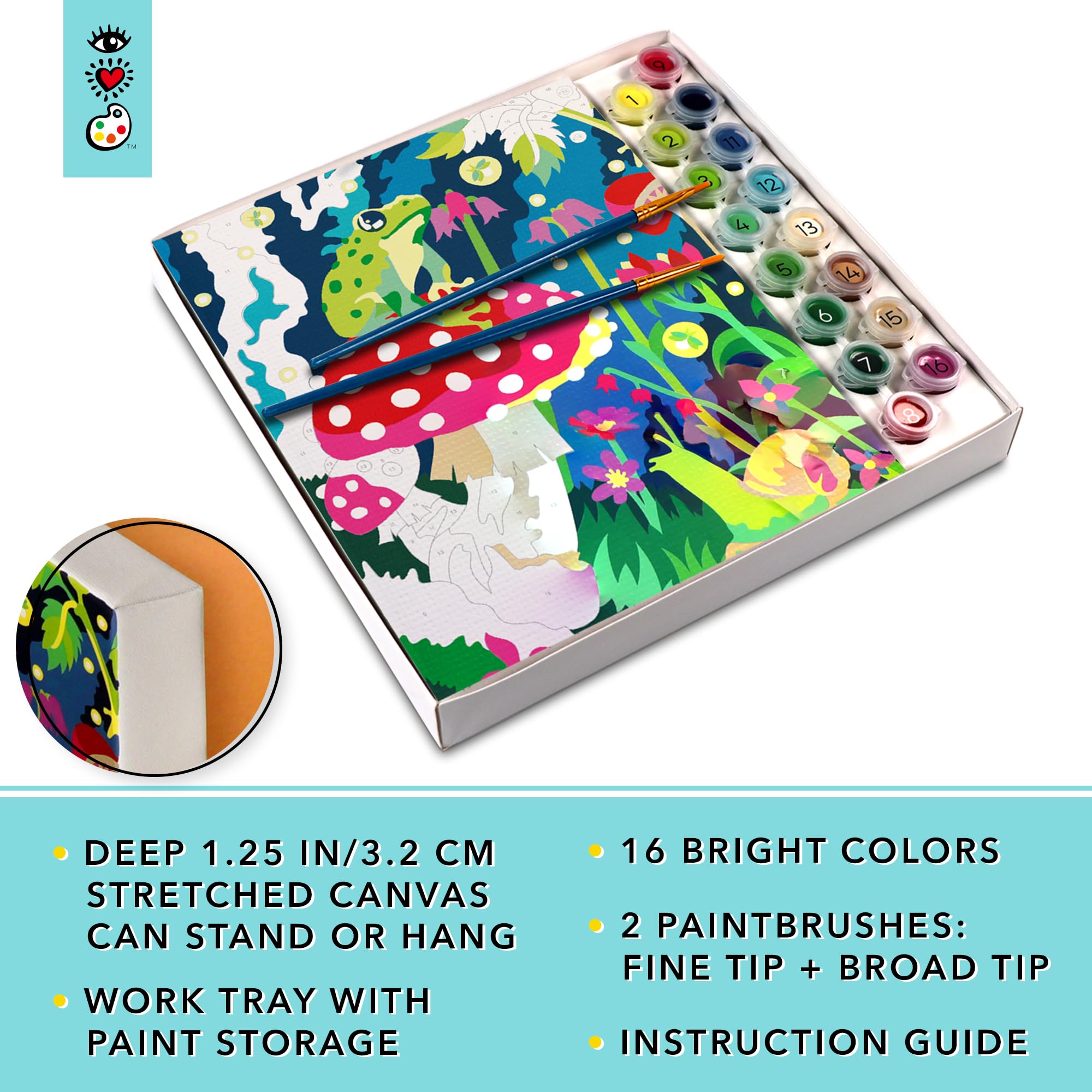 Bright Stripes Paint by Numbers Kit for Kids - Easy DIY Frog & Mushroom Painting on Pre-Printed Framed Canvas | Fun Arts & Crafts Activity for Children's Creativity & Home Decor