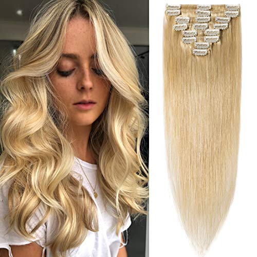 Premium Remy Human Hair Clip-In Extensions - 8 Pcs 18 Clips 55g Set, Silky Straight Blonde (12
