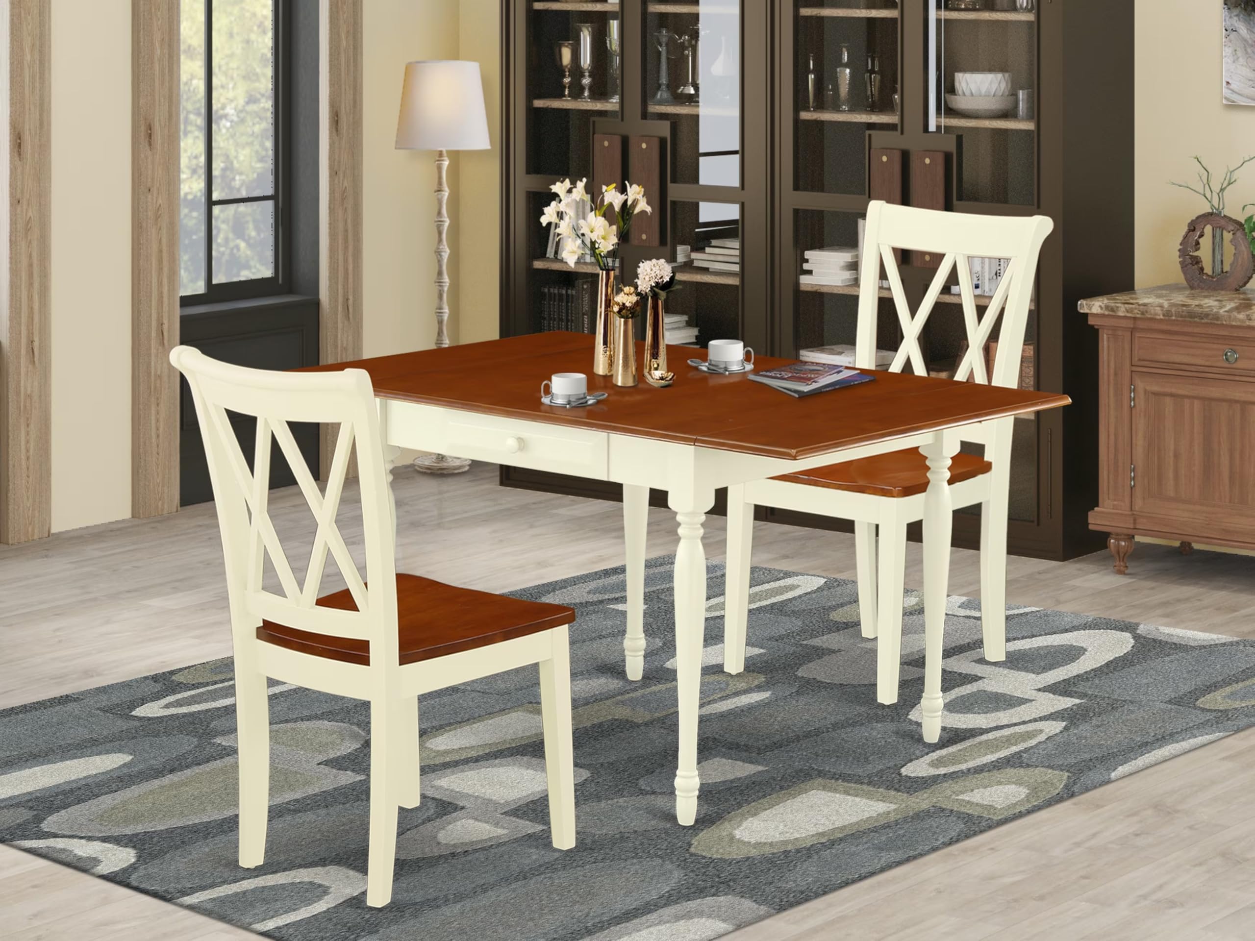 East West Furniture 3 Piece Dining Room Table Set - 36x54 Inch Rectangle Kitchen Table with Drop Leaf & 2 Chairs, Buttermilk & Cherry Finish - Perfect for Small Spaces, Breakfast Nooks & Apartment Dining