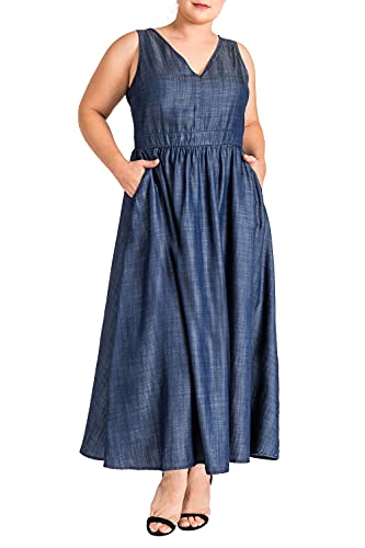 Plus Size V-Neck A-Line Tencel Denim Maxi Dress for Women | Comfortable & Stylish Casual Summer Dress | Perfect for Beach, Vacation & Everyday Wear