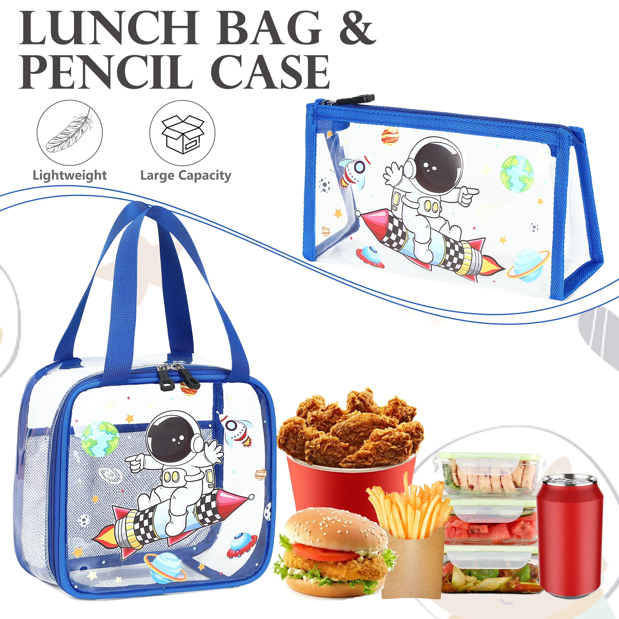15.6 Inch Clear Backpack for School - Transparent PVC Bookbag with Lunch Bag & Pencil Case for Boys & Girls | Blue Astronaut Design | Perfect for Elementary Students, Travel & Daily Use