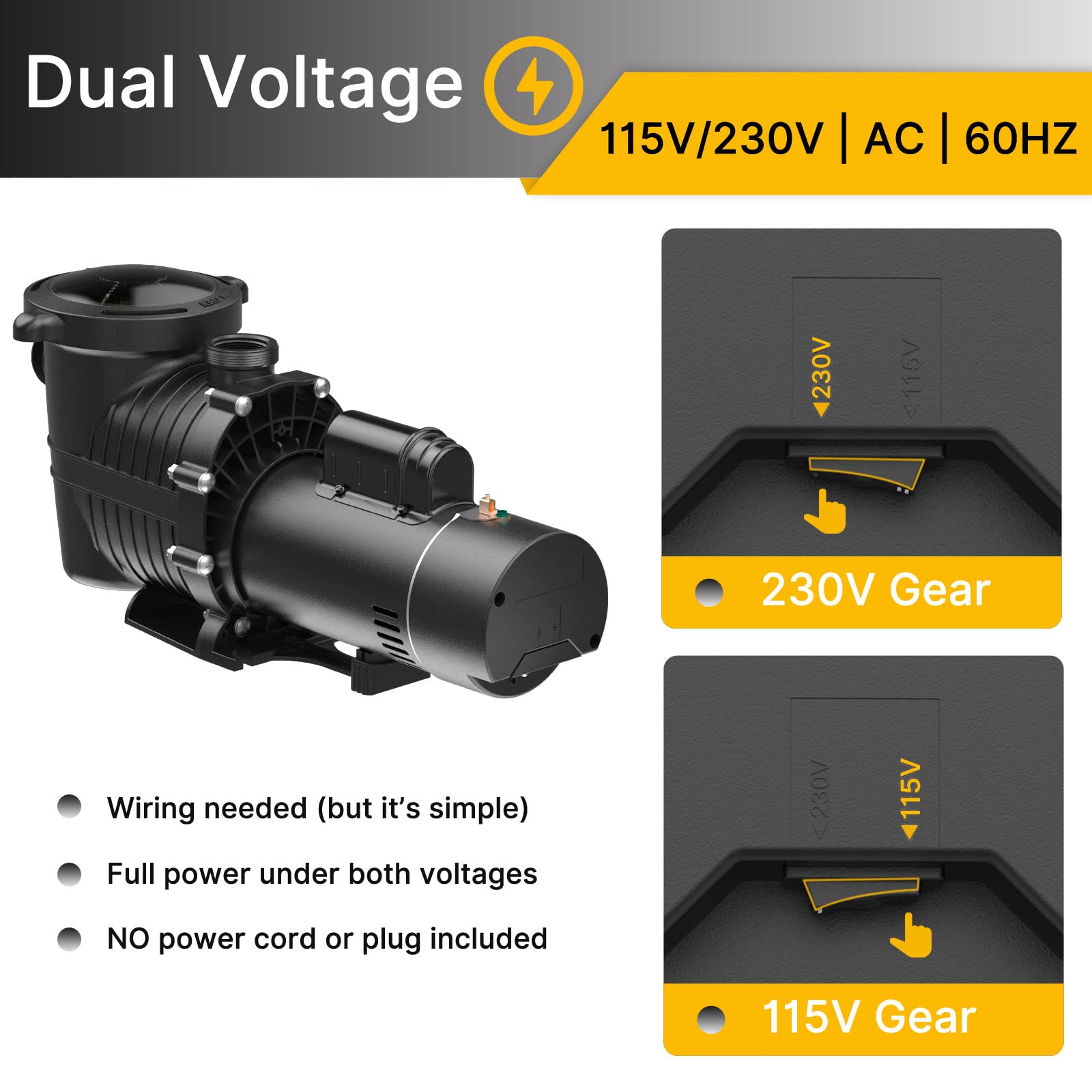 1.5 HP High-Efficiency Pool Pump - Dual Voltage 115V/230V | 4500GPH Max Flow & 42FT Head Lift | Energy Star Certified | 1.25/1.5/2 Inch Fittings | For Above Ground & Inground Pools | Perfect for Backyard Swimming Pools & Spa Maintenance | Model J07501E