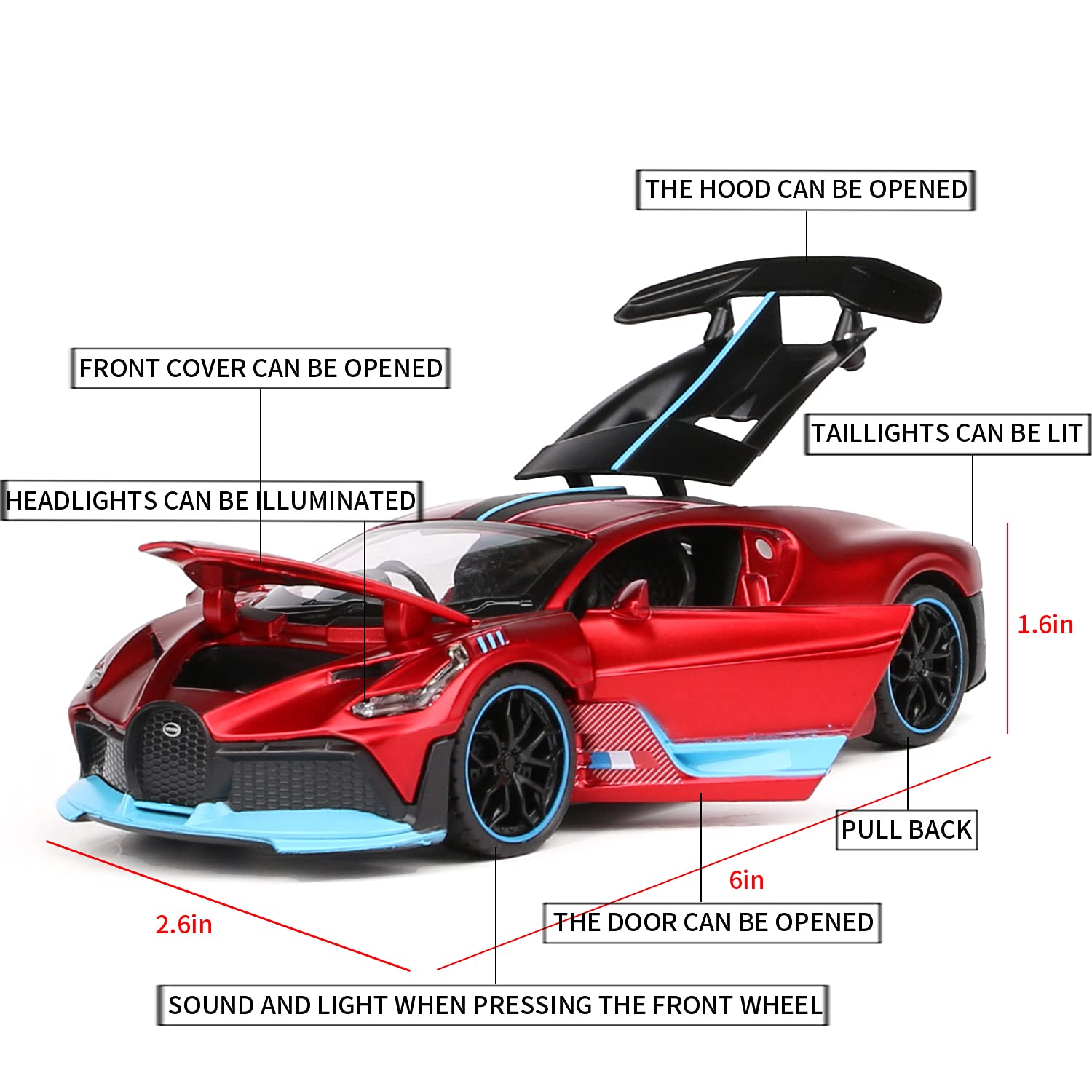 1:32 Bugatti Divo Zinc Alloy Pull Back Toy Car with Lights & Music - Diecast Model Vehicle for Kids Collection, Boys Gift, Home Office Decoration | Great for Birthday Presents, Car Enthusiasts & Young Collectors