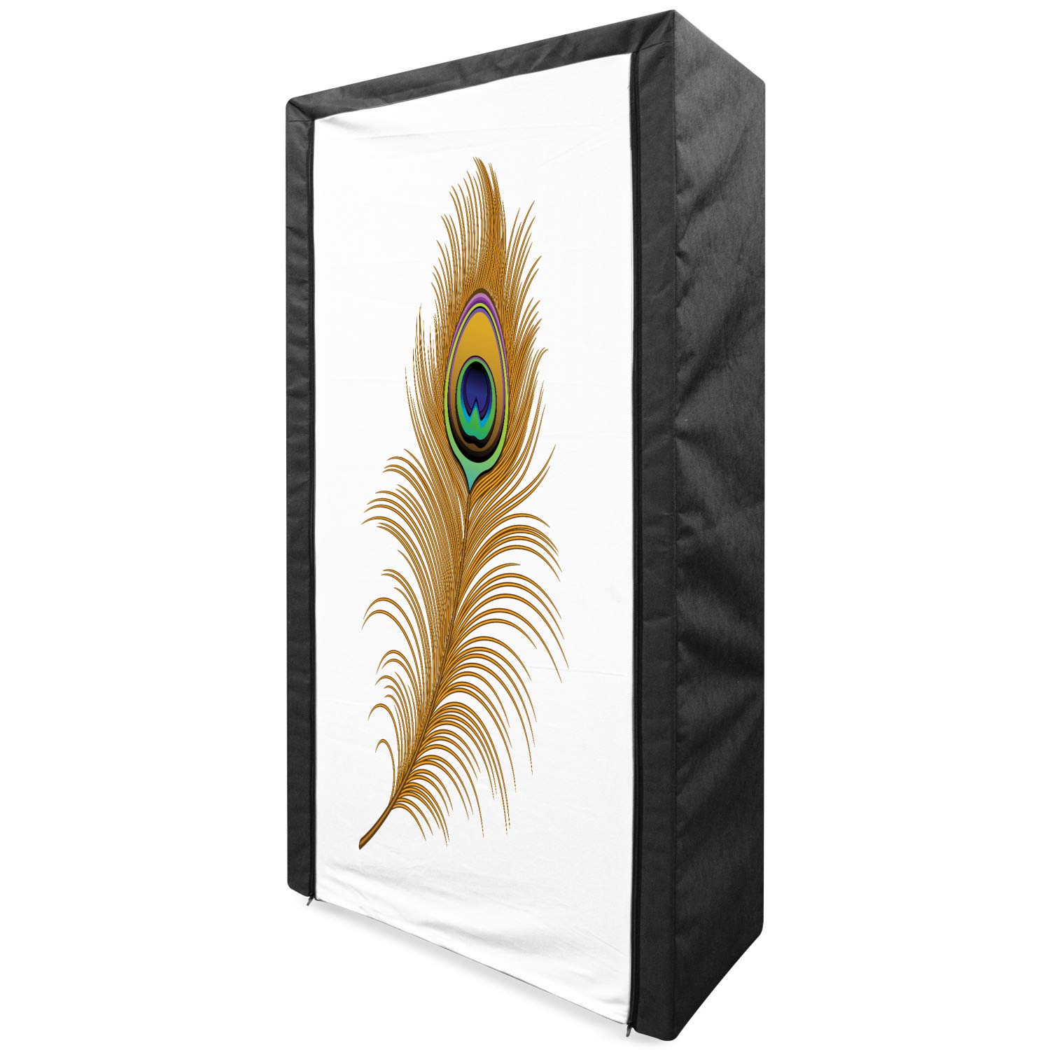 Ambesonne Peacock Portable Fabric Wardrobe - Exotic Bird Feather Print Clothing Organizer with Shelves, 33.5 Inch Mustard Green Navy - Perfect for Bedroom Closet Storage, Dorm Room Organization & Travel Garment Bag
