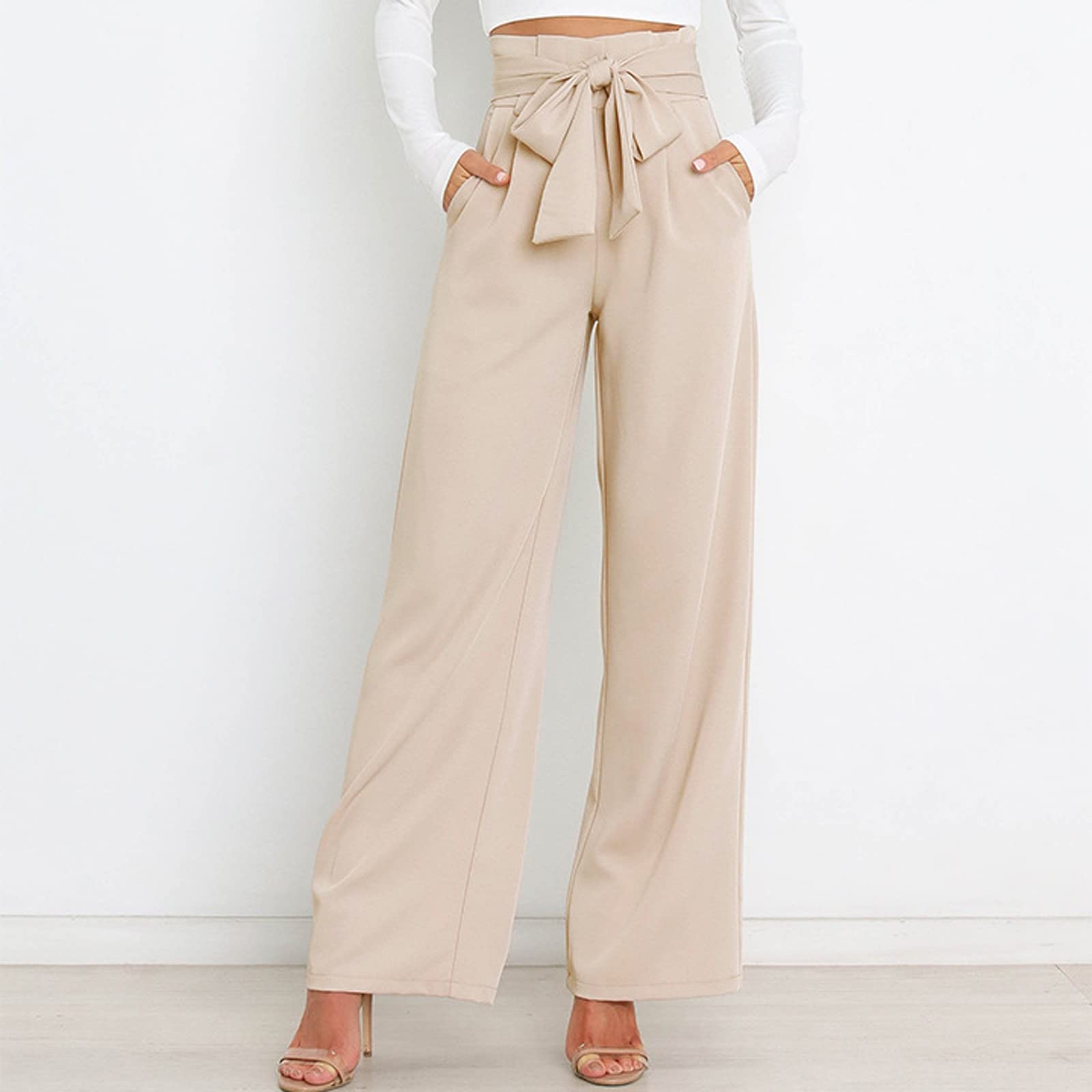 Women's High Waisted Wide Leg Pants - Stretch Elastic Back Waistband Business Office Work Trousers - Long Straight Leg Suit Pants for Professional Women | Perfect for Office, Meetings & Formal Occasions