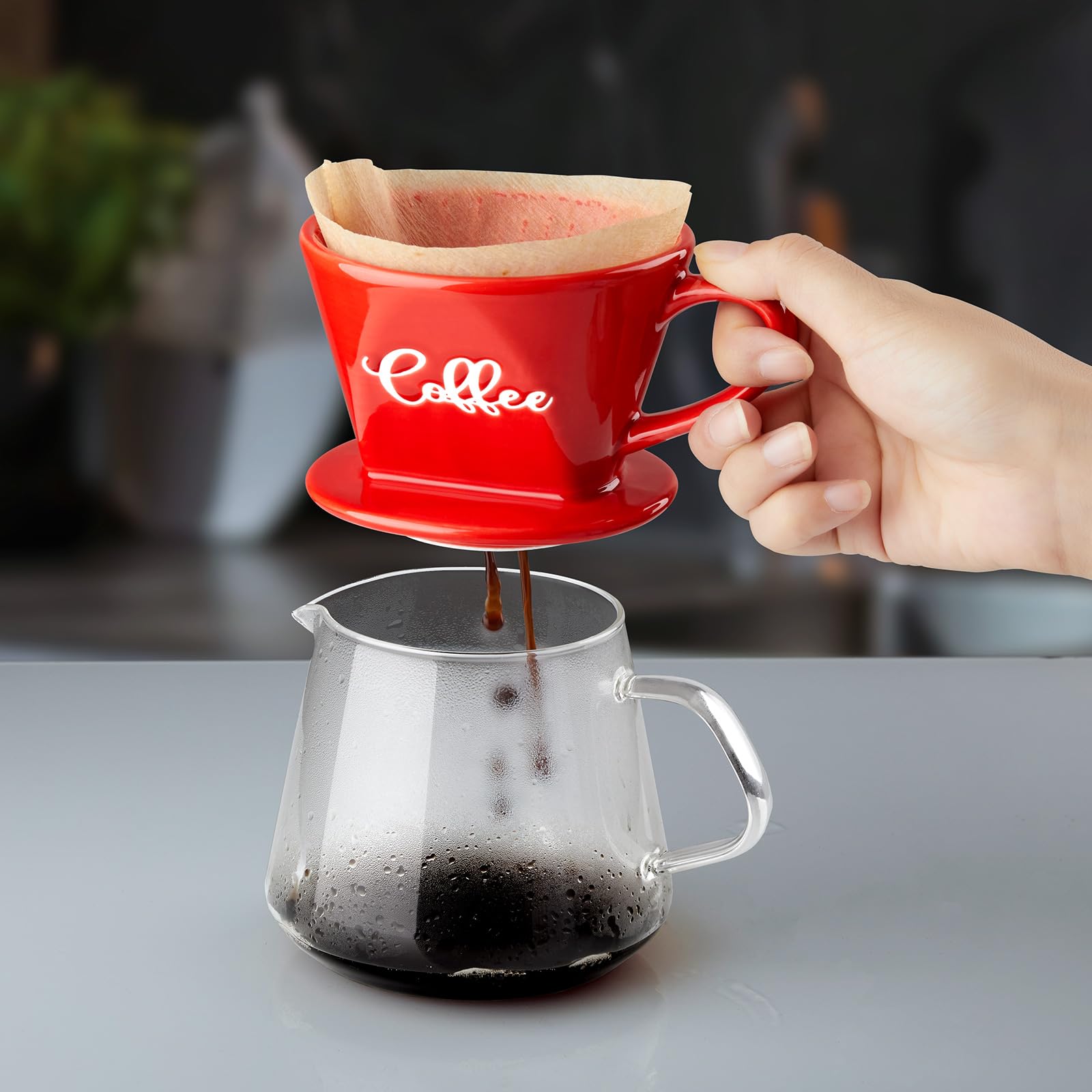 Premium Ceramic Pour Over Coffee Maker - Manual Slow Brew Dripper for Single Cup Coffee, Ideal for Home, Cafe & Coffee Bar - Stylish Red Kitchen Decor & Accessories