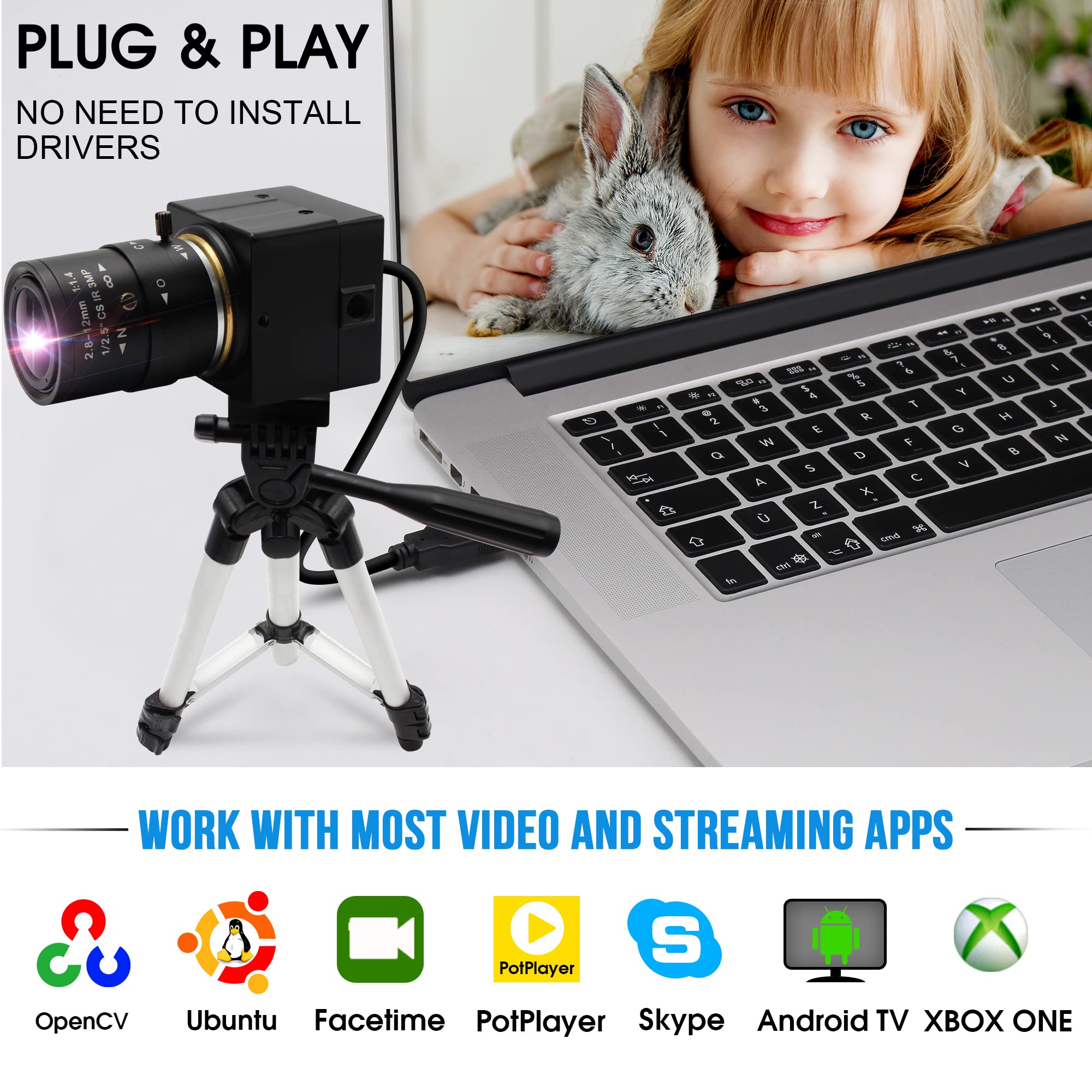 4K USB Webcam with 2.8-12mm 4X Varifocal Manual Lens - 2160P Ultra HD UVC Compliant Computer Camera for Video Conferencing, Live Streaming, OpenCV Support - Perfect for Zoom Meetings, Online Classes & Content Creation
