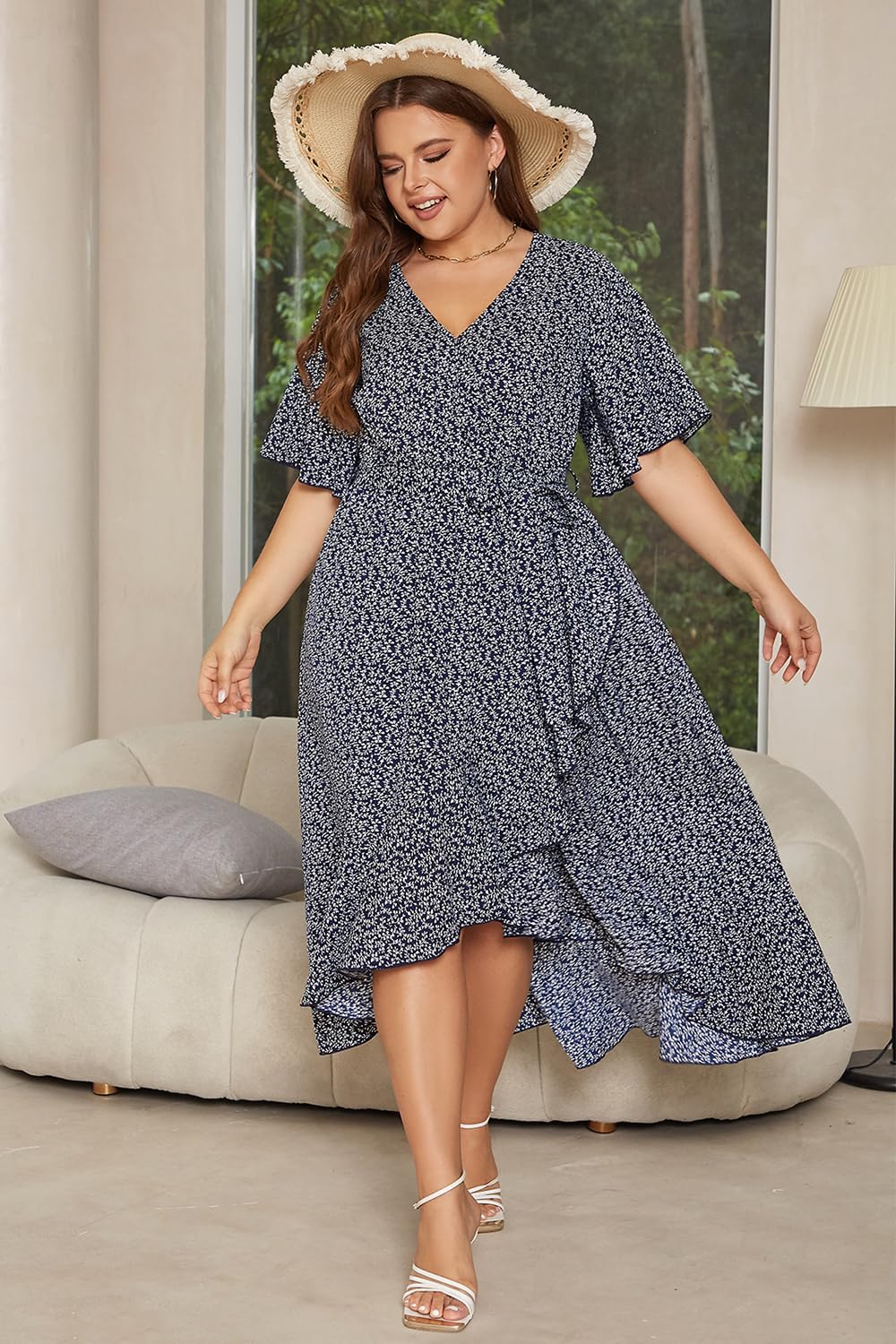 Keluummi Plus Size Wedding Guest Maxi Dress for Women - Flowy Boho Floral Wrap Dress with Sleeves & Pockets | Summer Casual Church, Garden Party & Beach Cover Up Outfit
