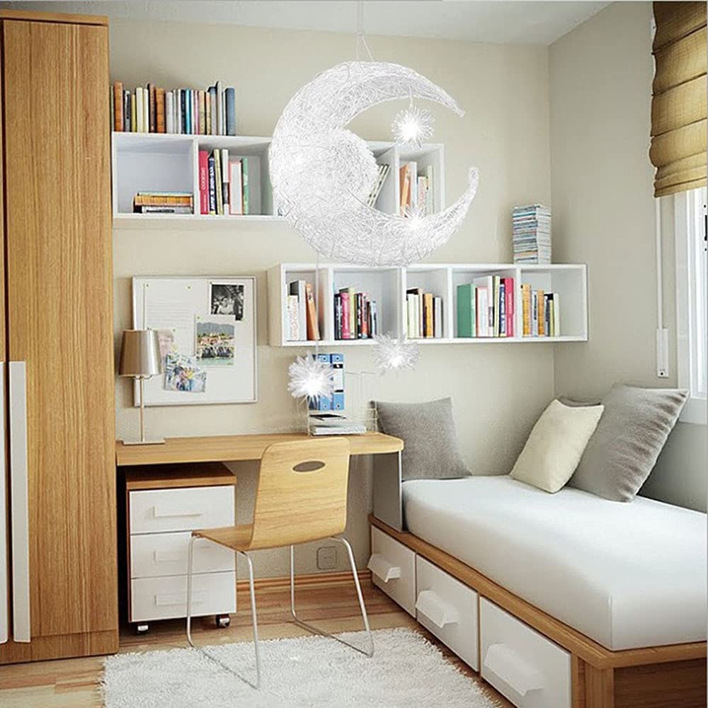 Modern Moon & Star Shape LED Pendant Light - Creative Ceiling Chandelier for Kids Bedroom, Nursery, Living Room - White Decorative Lighting for Home & Indoor Decor