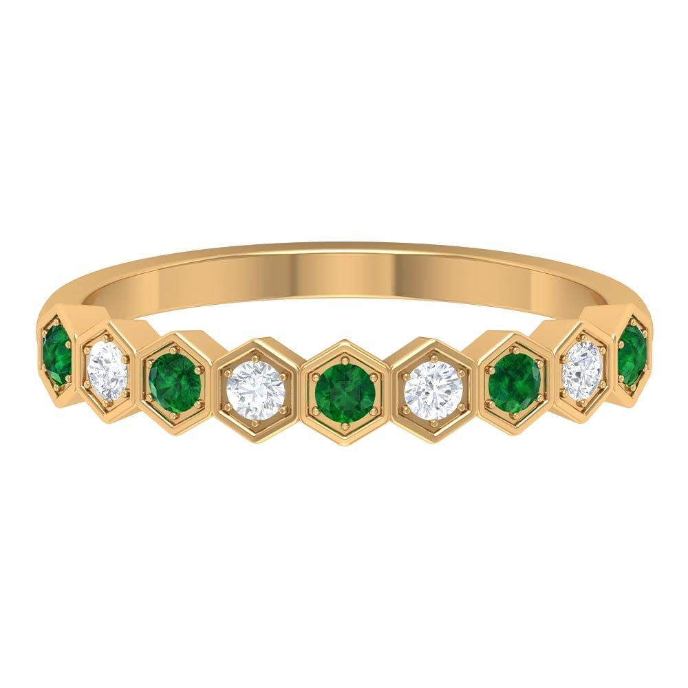 1/2 CT Emerald and Diamond Half Eternity Ring - 14K Solid Gold Hexagon Wedding Band for Women, Anniversary Gift, Bridal Jewelry - Perfect for Engagement, Proposal, and Special Occasions