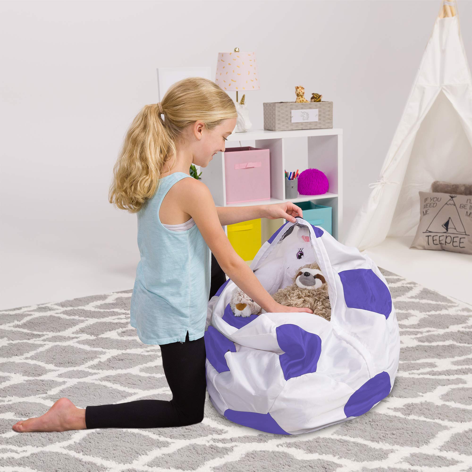 Posh Creations Kids Stuffed Animal Storage Bean Bag Chair Cover - Children's Toy Organizer, Medium 27 Inch, Soccer Ball Design in Purple and White - Perfect for Playroom, Bedroom, and Nursery Organization