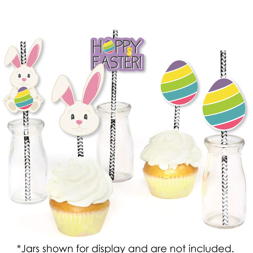 Big Dot of Happiness Hippity Hoppity Easter Bunny Paper Straws - 24 Pack Striped Party Decorations for Easter Celebrations, Spring Parties & Kids Birthday Decor