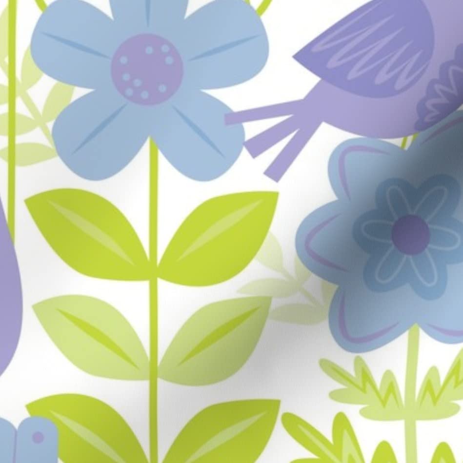 Purple Birds & Floral Tulips Scandinavian Print Chiffon Fabric by The Yard - Spring Garden Design for Sewing Dresses, Fashion Apparel & Home Decor | DIY Craft, Curtains, Pillow Covers & Quilting Projects