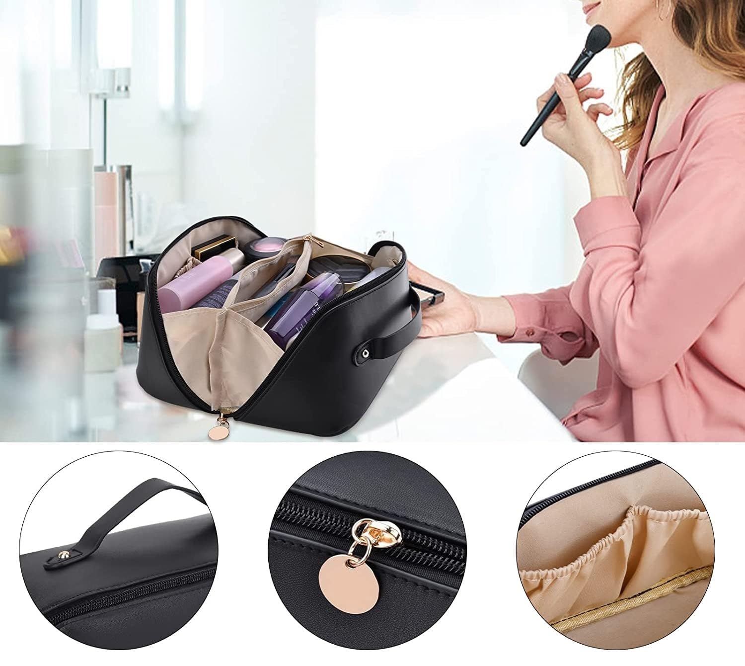 Premium PU Leather Handcuffs Cosmetic Bag - Large Waterproof Makeup Organizer with Zipper for Travel & Toiletry Storage | Stylish Black Makeup Pouch for Women | Perfect for Gym, Vacation & Daily Use