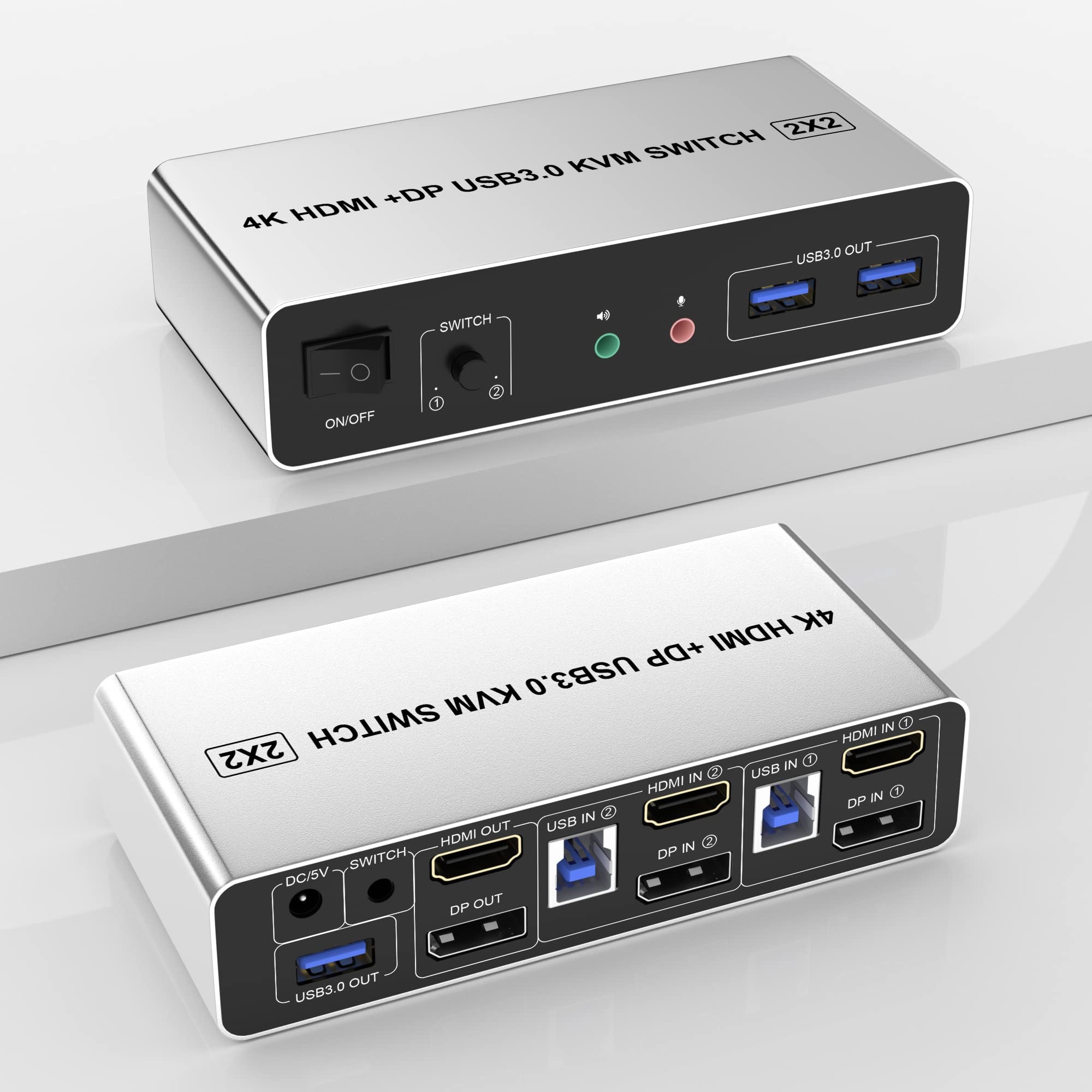 USB 3.0 KVM Switch Dual Monitor 2 Port - 4K@60Hz 2-in-2-Out for 2 Computers Sharing 2 Monitors with 3 USB 3.0 Ports & Audio/Mic Support - PC Keyboard Mouse Monitor Switcher for Home Office & Gaming Setup