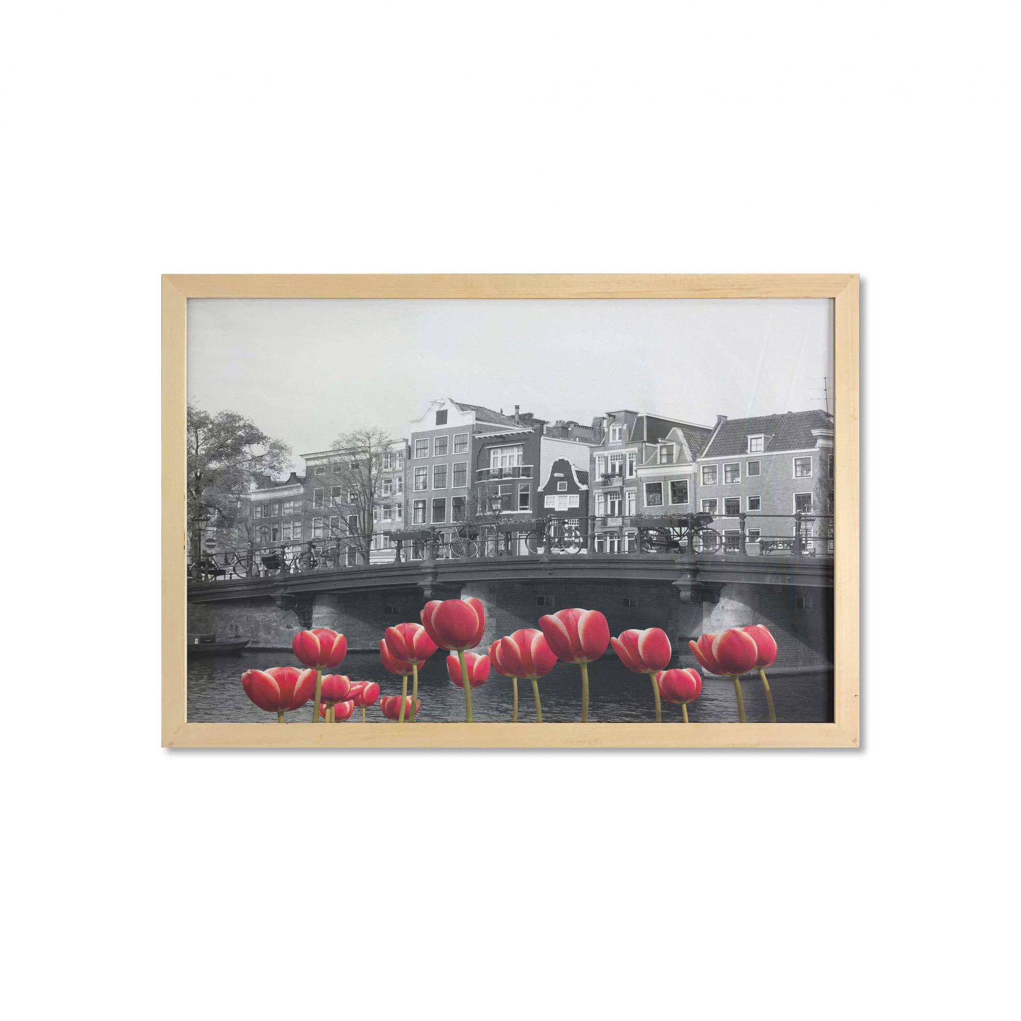Ambesonne Black and White Wall Art with Frame - Monochrome Amsterdam Canal Photo with Red Tulips & Houses - 35