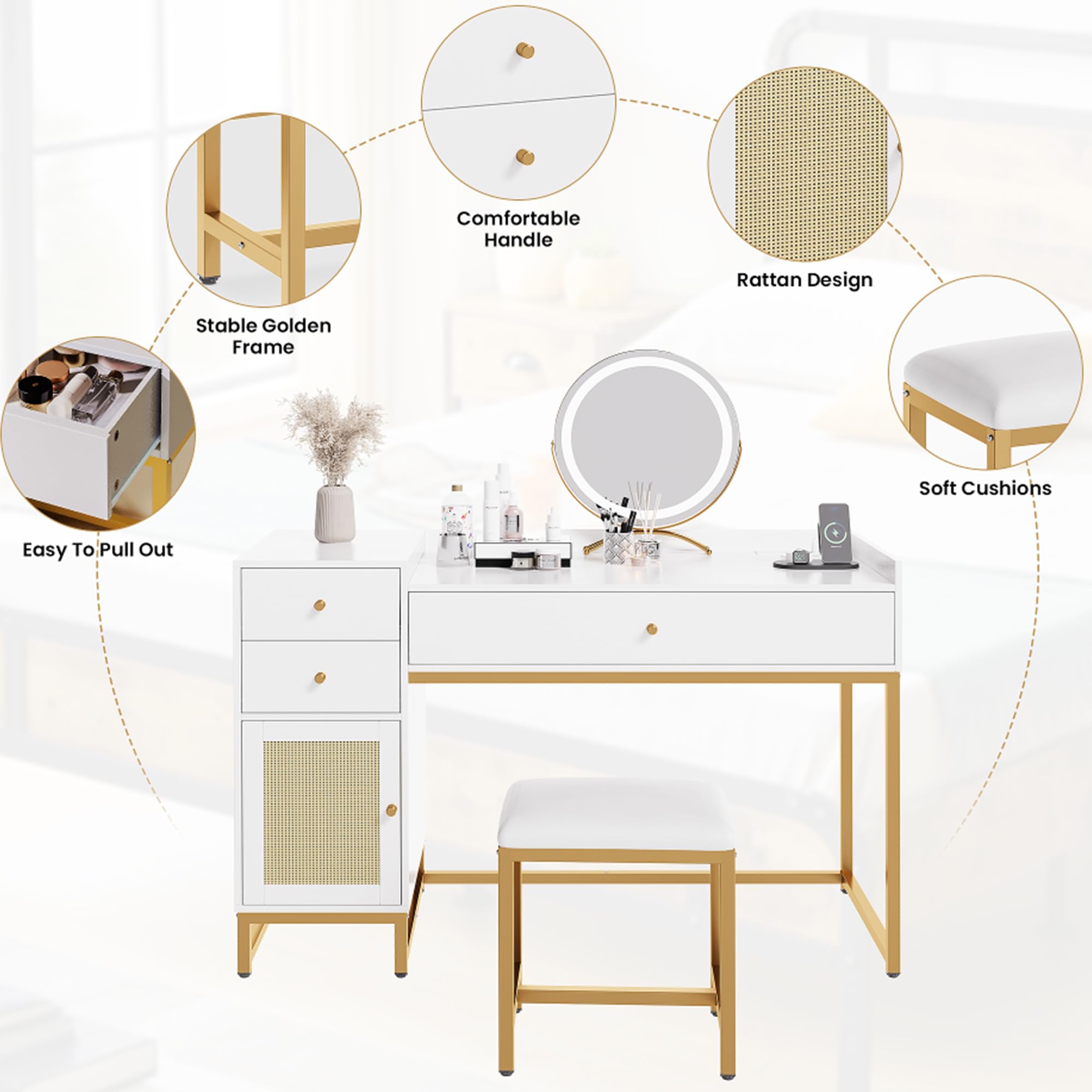 White Makeup Vanity Desk with Stools & Power Outlet - Rattan Dressing Table Set with Drawers & Storage Cabinet - Small Bedroom Vanity Table for Women - Perfect for Cosmetics Organization & Home Decor