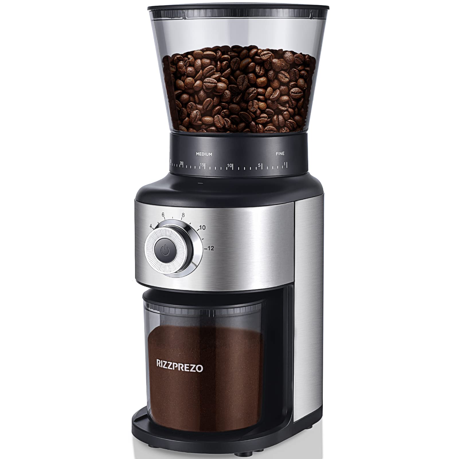 RIZZPREZO Electric Coffee Grinder with Conical Burr - 30 Adjustable Settings for Espresso, Drip, French Press - Stainless Steel Bean Grinder for 2-12 Cups - Perfect for Home, Office & Coffee Shops