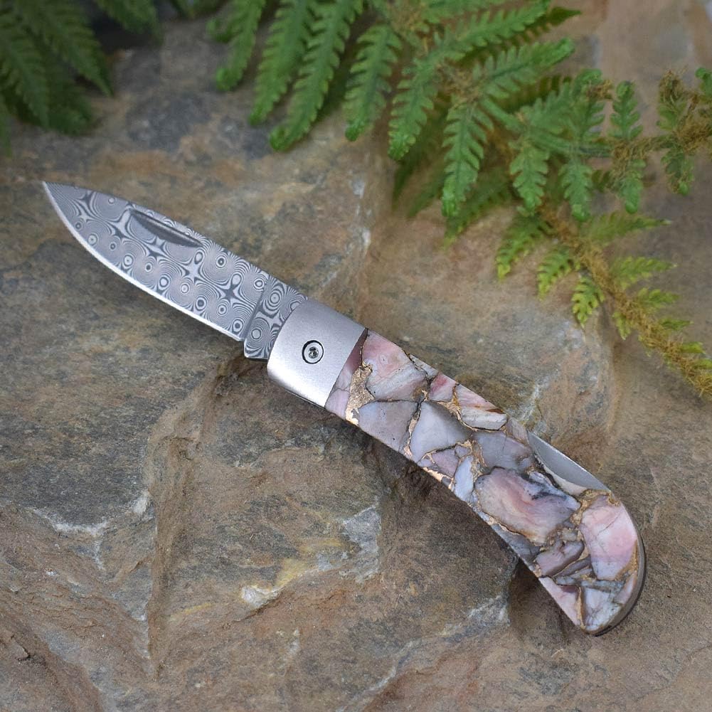 Premium Folding Pocket Knife with Damascus Steel Blade, Handcrafted Pink Peruvian Opal Handle, 3
