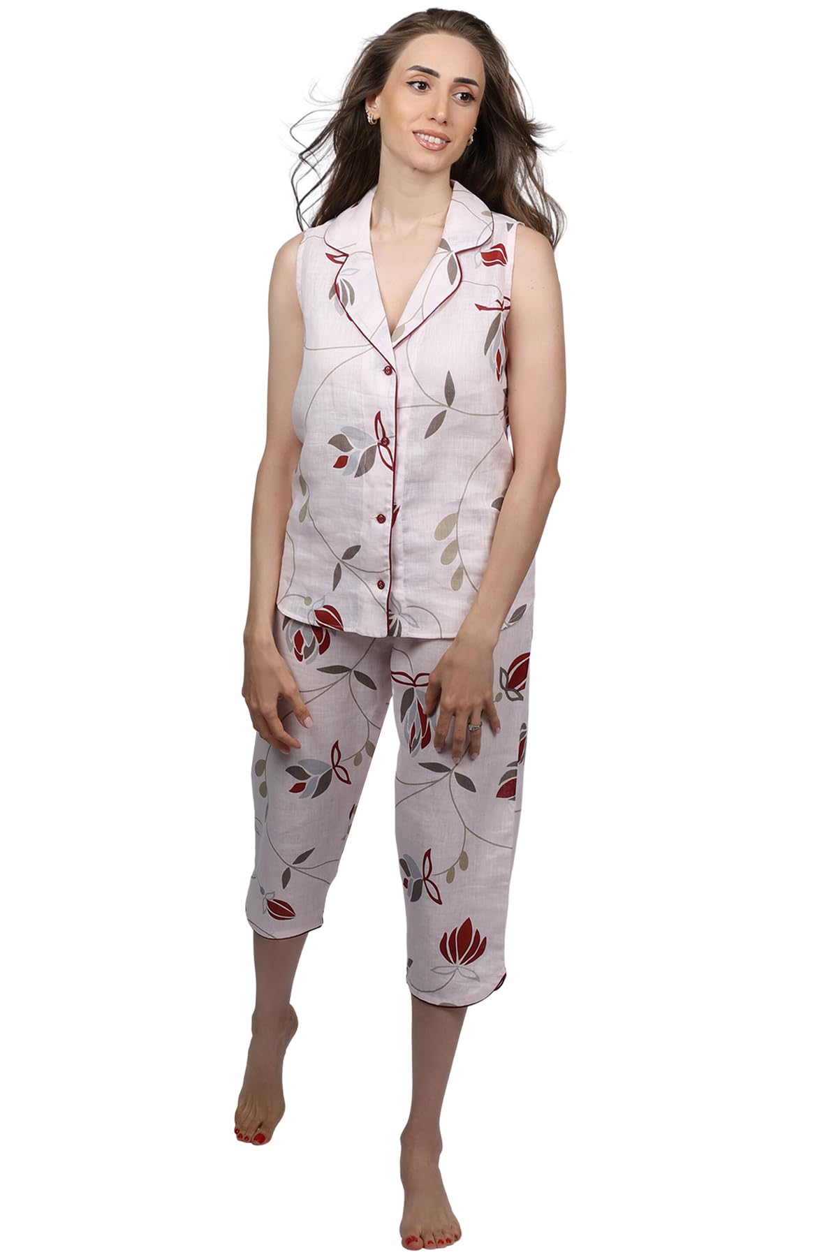 Women's Sleeveless Linen Pajama Set - Floral Print Summer Sleepwear in Heavenly Pink - European Crafted Loungewear for Nighttime Comfort & Relaxation