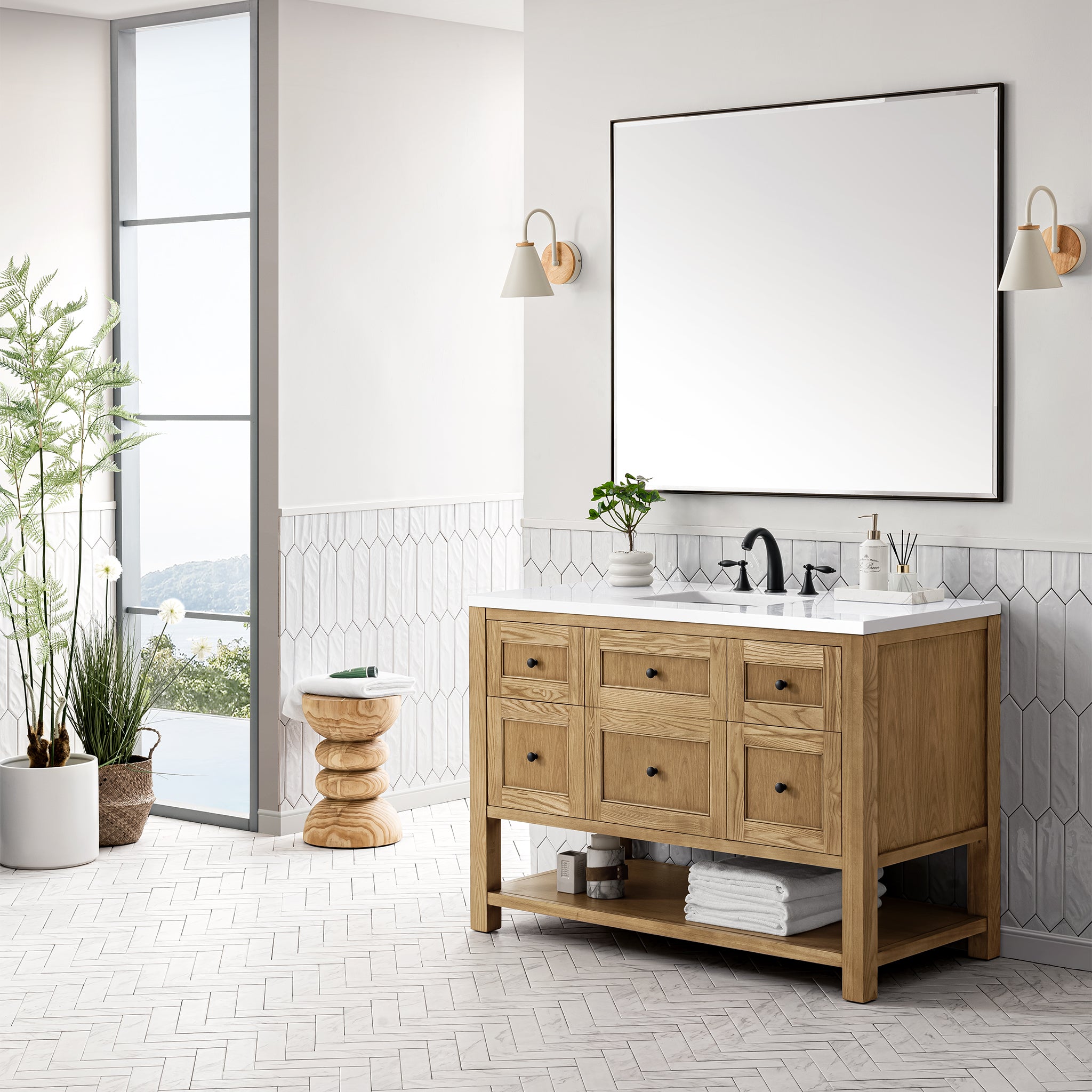 Breckenridge 48 Inch Single Bathroom Vanity in Light Natural Oak with 3CM White Zeus Countertop - Perfect for Modern Master Bathrooms and Guest Suites