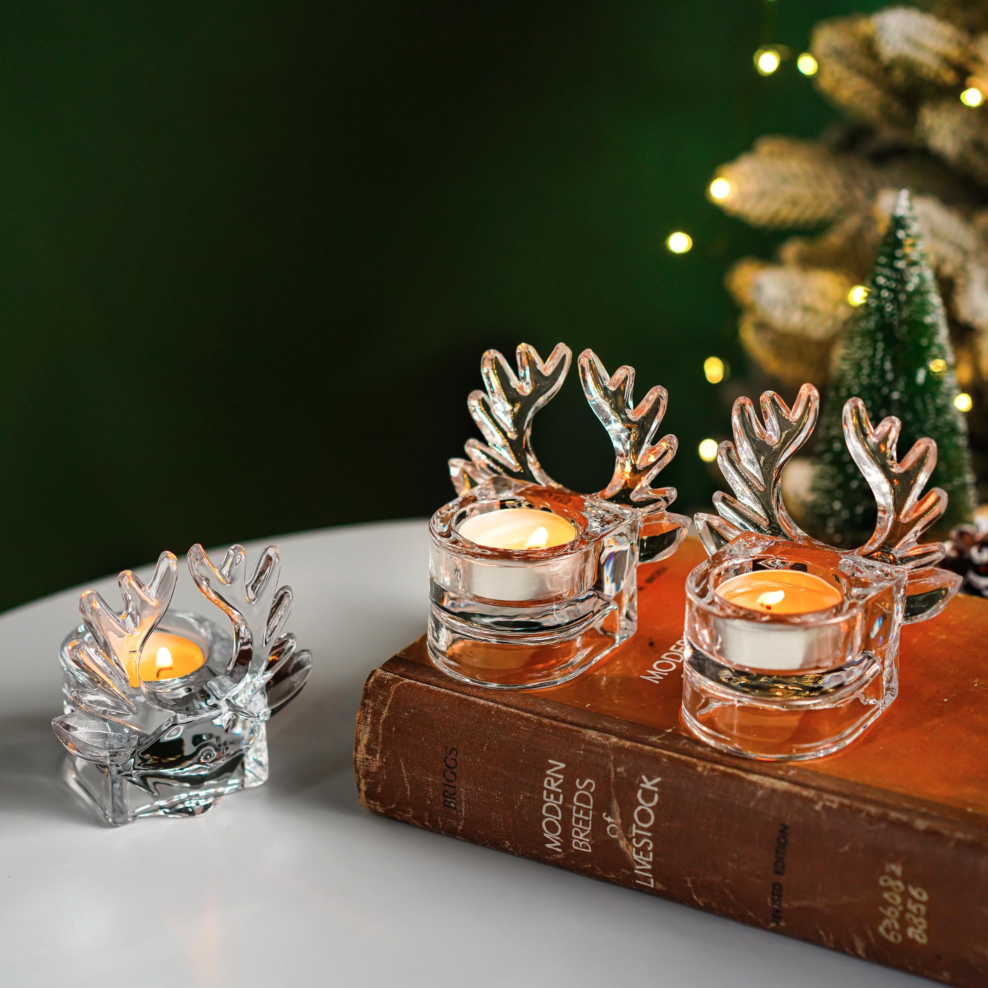 H&D HYALINE & DORA Clear Glass Christmas Reindeer Candle Holder Set of 3 - Tealight & Votive Holders for Holiday Decor, Table Centerpiece, Winter Wedding, Christmas Party & Cozy Home Ambiance