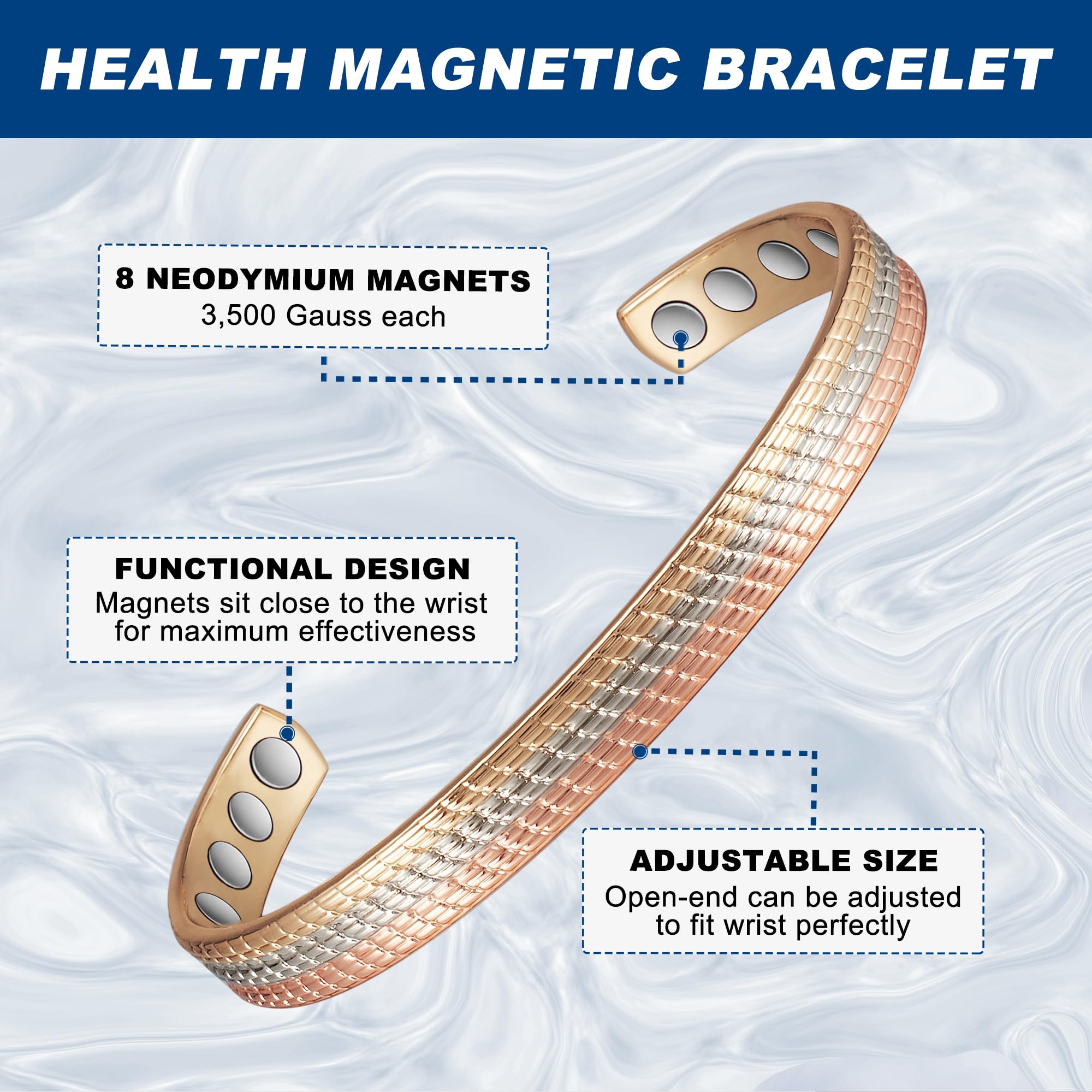 Women's Copper Bracelets Set - Adjustable Cuff Bangles, Copper Rings & Tricolor Gold Magnetic Bracelet | Pure Solid Copper Jewelry for Arthritis Relief, Fashion Accessories & Gift Giving