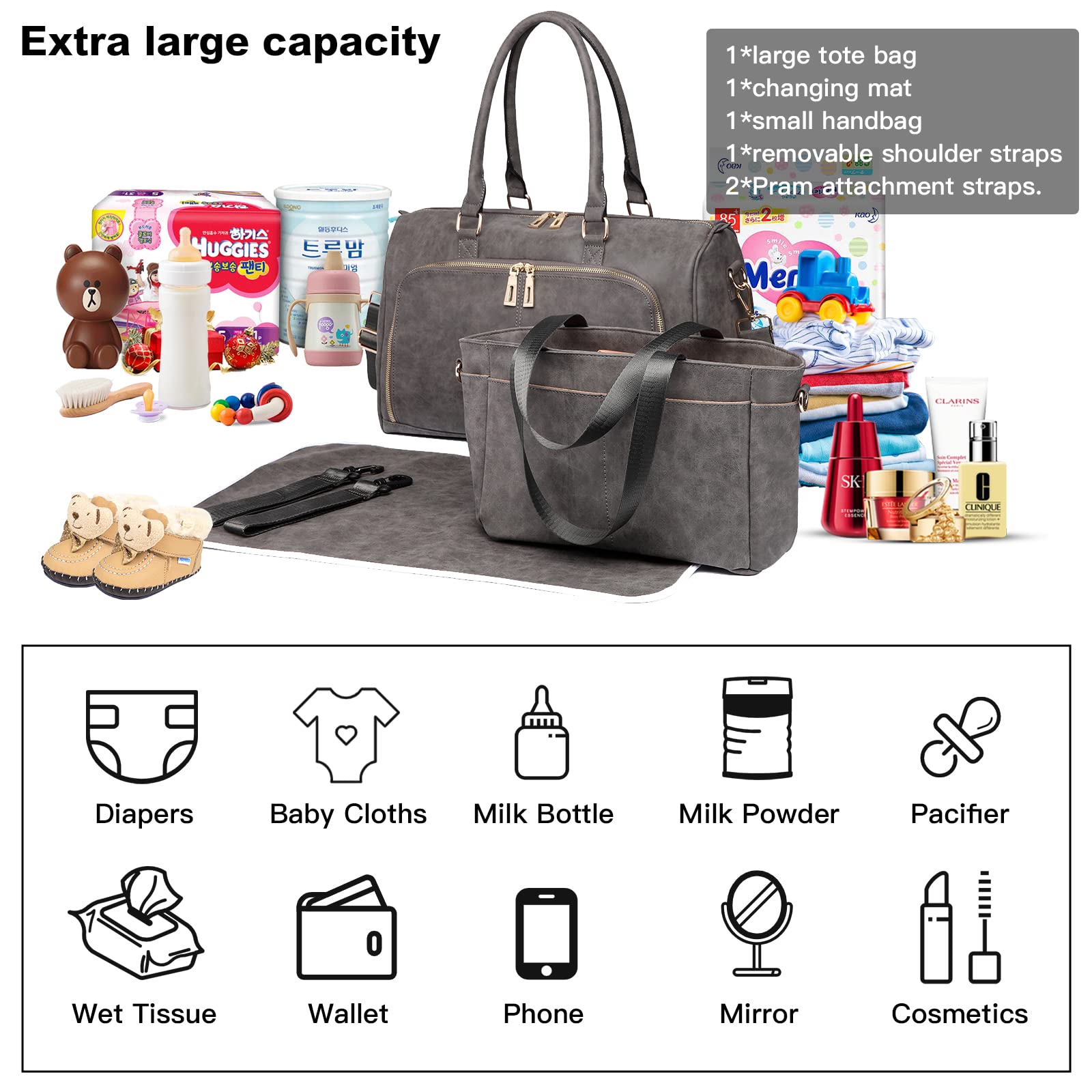 Miss Lulu Baby Diaper Bag Set - Large PU Leather Changing Bag with Removable Changing Pad & Adjustable Shoulder Straps - Perfect for Travel, Outings & Baby Essentials Organization