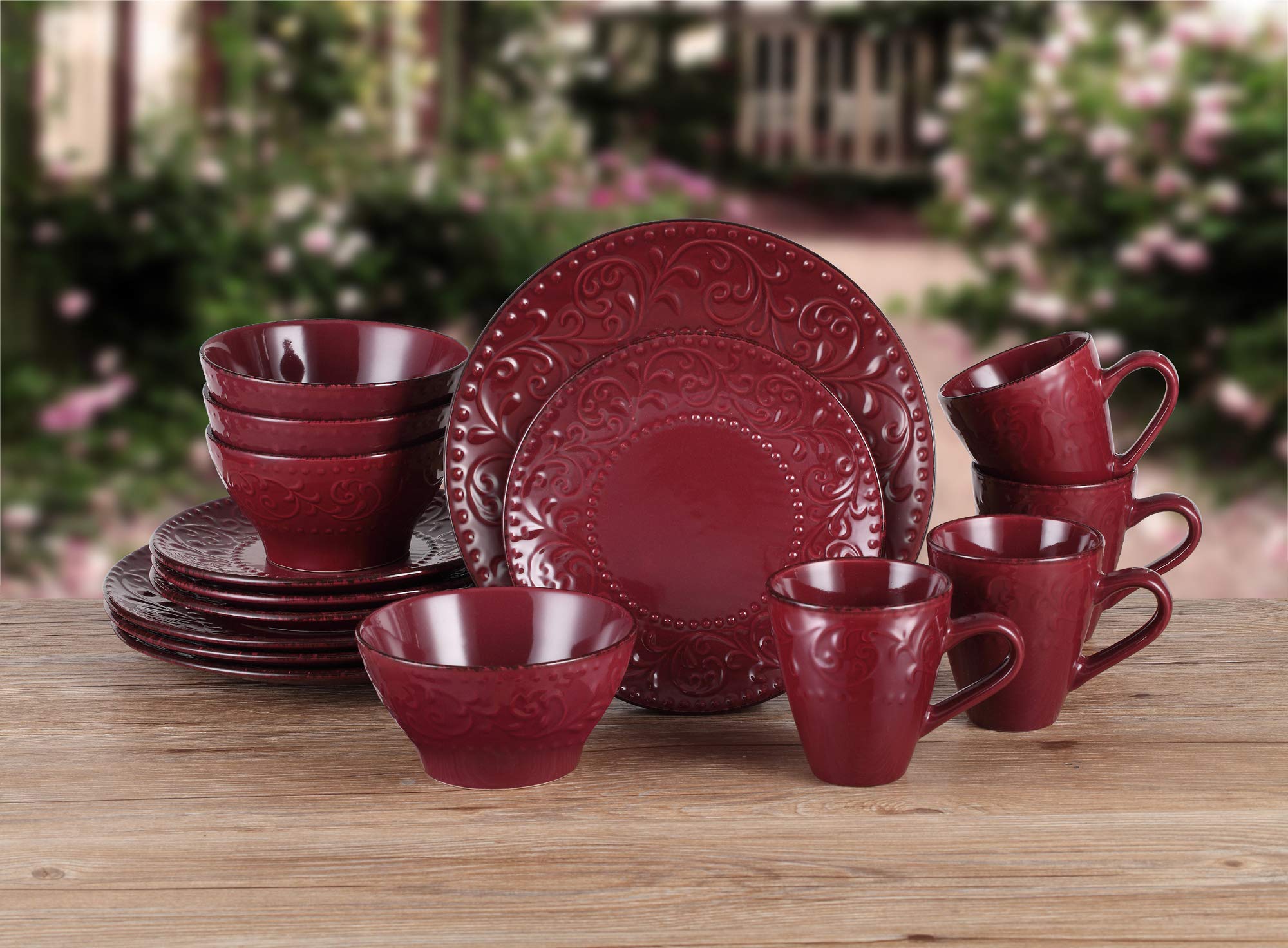 Elegant Modern Stoneware Scroll Dinnerware Set - 16 Piece Merlot Collection for Parties, Events & Holiday Gatherings - Perfect for Hosting, Entertaining & Special Occasions