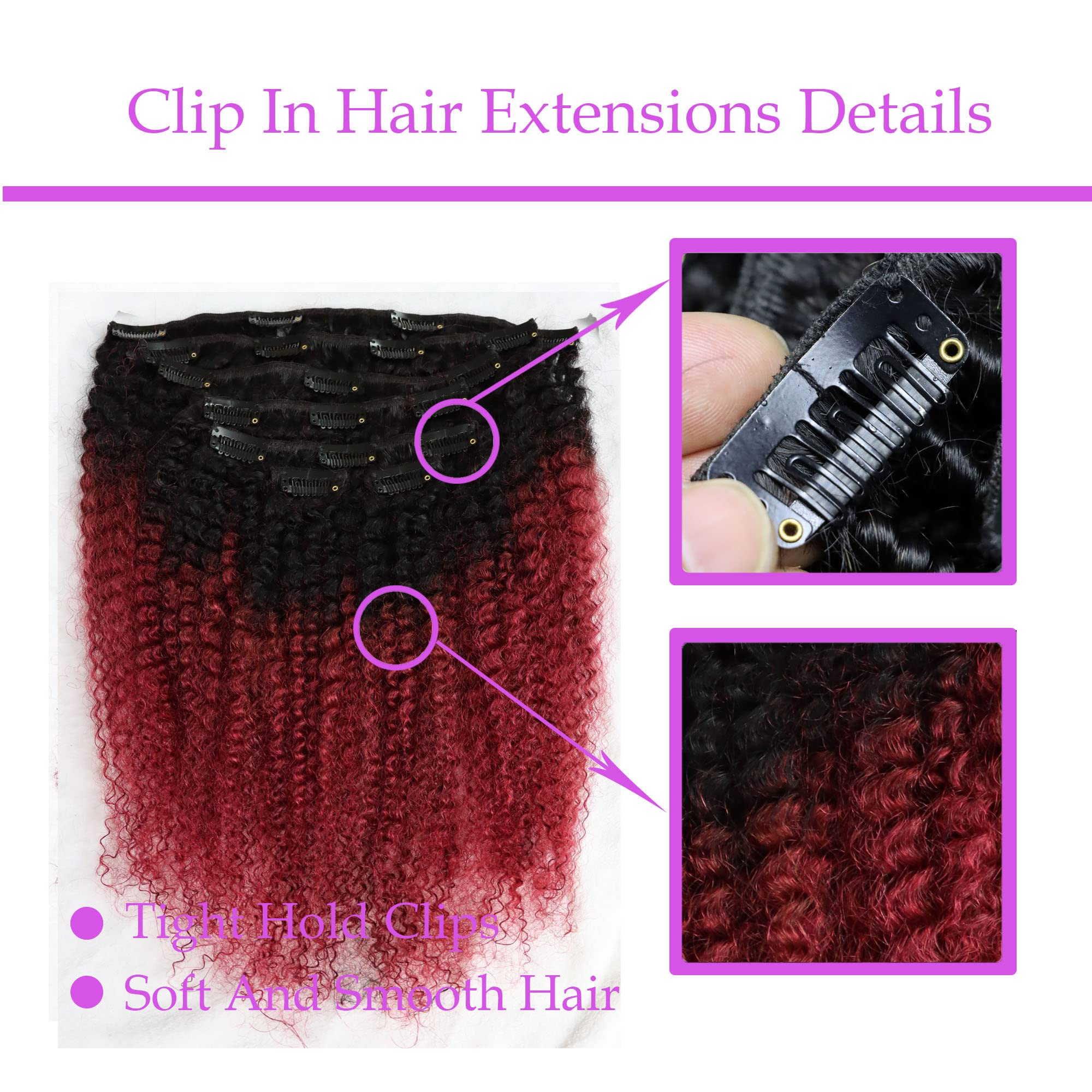 Virgin Human Hair Clip-In Extensions 4C Afro Kinky Curly/Straight 120g - Real Human Hair Weft for Black Women (1B/Burgundy) | Perfect for Protective Styles, Daily Wear & Special Occasions