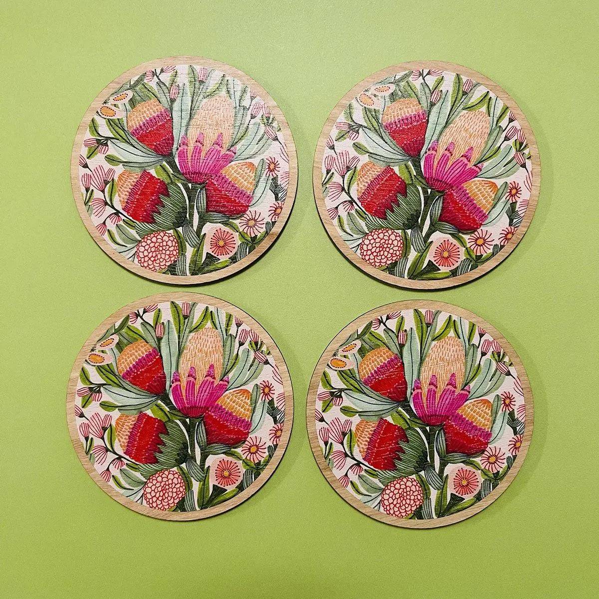 Premium Protea & Gum Blossoms Australian Wooden Coaster Set - Natural Wood Drink Coasters for Home Bar, Coffee Table & Kitchen Decor