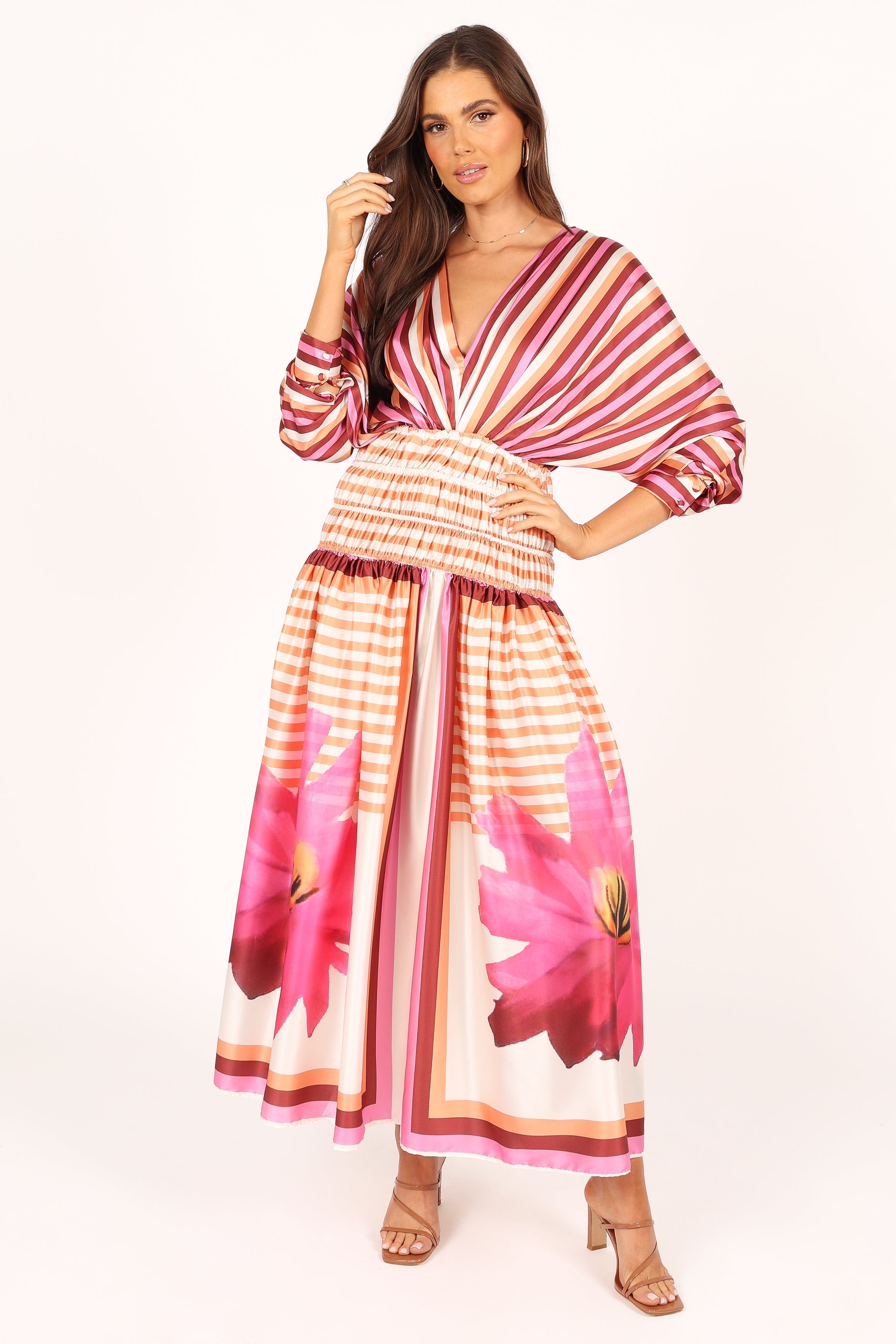 Emilia Women's Long Sleeve Maxi Dress - Pink Striped Floral Print Boho Chic Flowy Dress for Casual, Beach, Wedding & Special Occasions