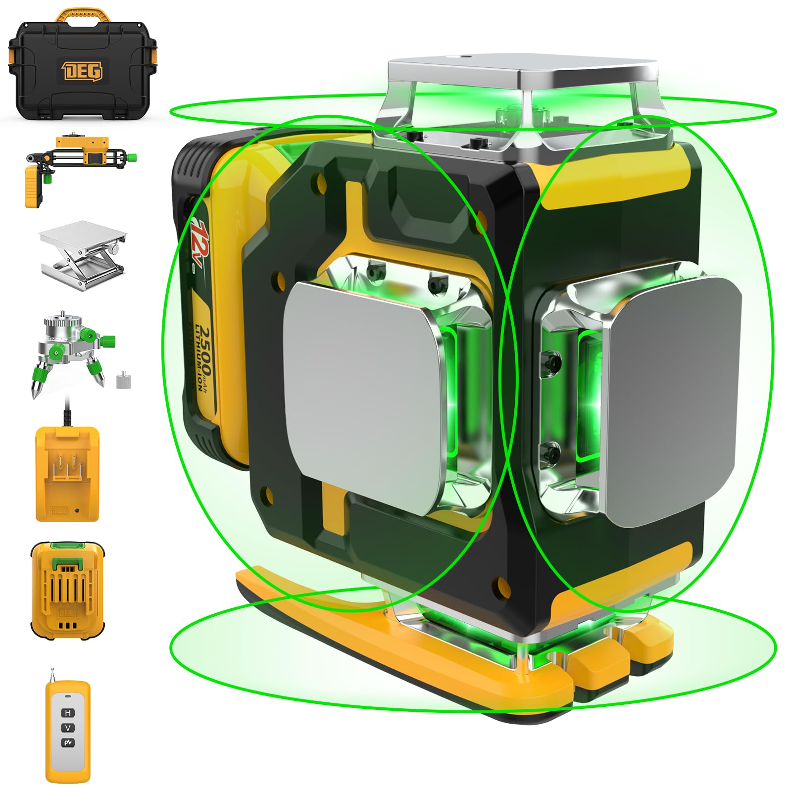 DEGLASERS 4x360 Self-Leveling Green Laser Level with 12V Rechargeable Battery (40 Hours), Remote Control, Magnetic Rotating Stand & Hard Carry Case - Professional Laser Level Tool for Construction, Floor Tiling, Wall Alignment and DIY Projects