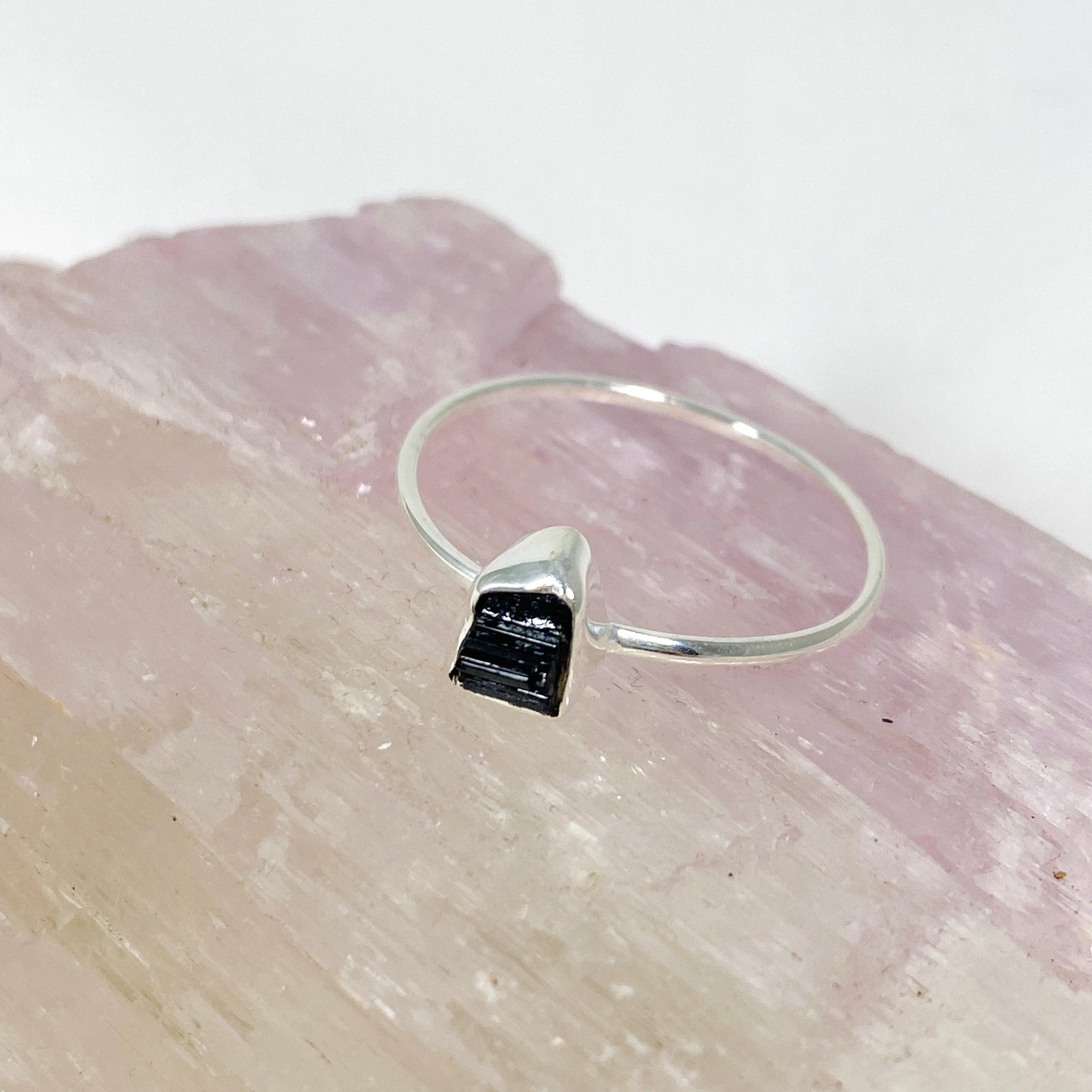 Black Tourmaline Raw Crystal Ring for Women - Natural Stone Fine Band Jewelry R3701 BT - Perfect for Healing, Protection & Everyday Wear