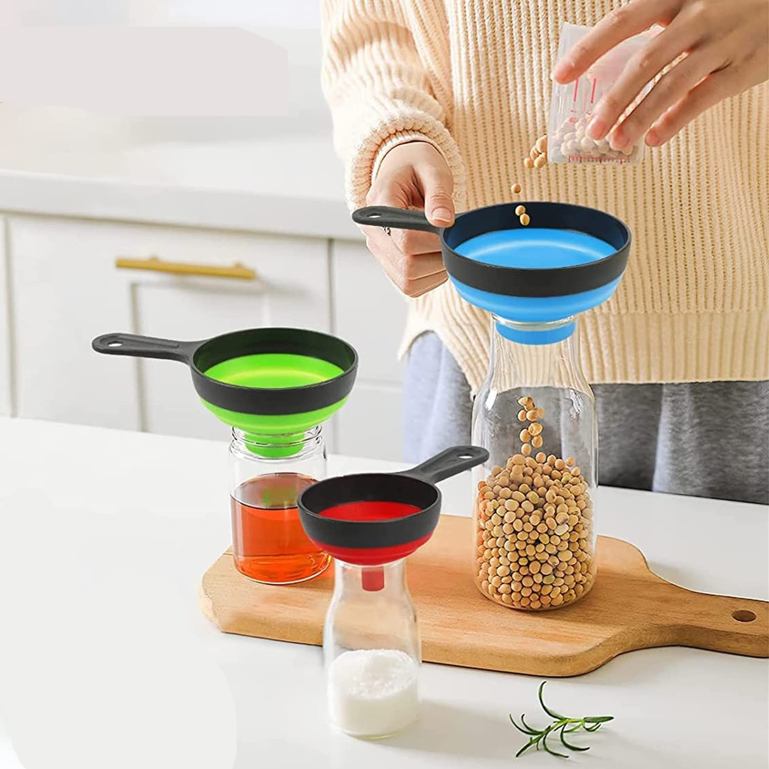 Food-Grade Silicone Foldable Kitchen Funnel 3-Piece Set - Large Wide Mouth Funnel for Mason Jars, Small Funnels for Bottles | Durable, Leak-Proof Canning Funnel for Jams, Spices, Liquids & Dry Ingredients | Perfect for Home Canning, Baking, Cooking & Meal Prep