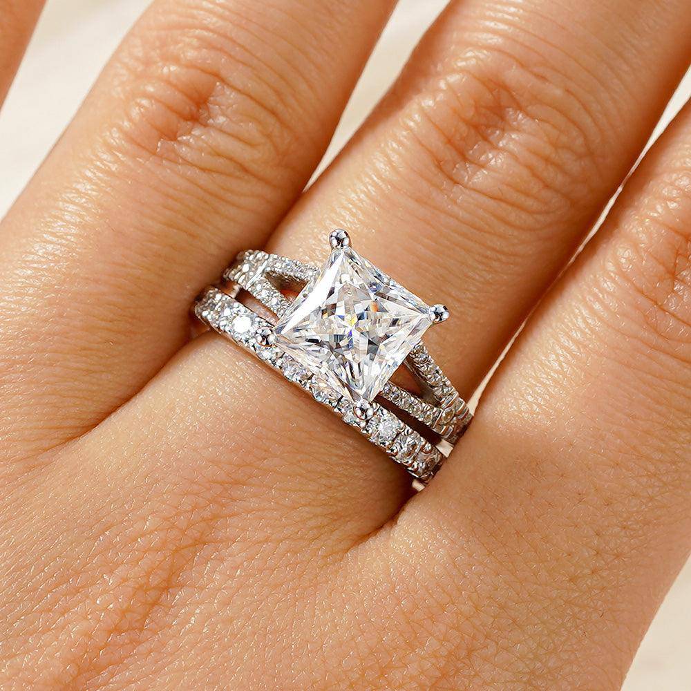 Princess Cut Split Shank Moissanite Engagement & Wedding Ring Set for Couples - Men's Matching Band - Perfect for Proposals, Anniversaries & Romantic Occasions